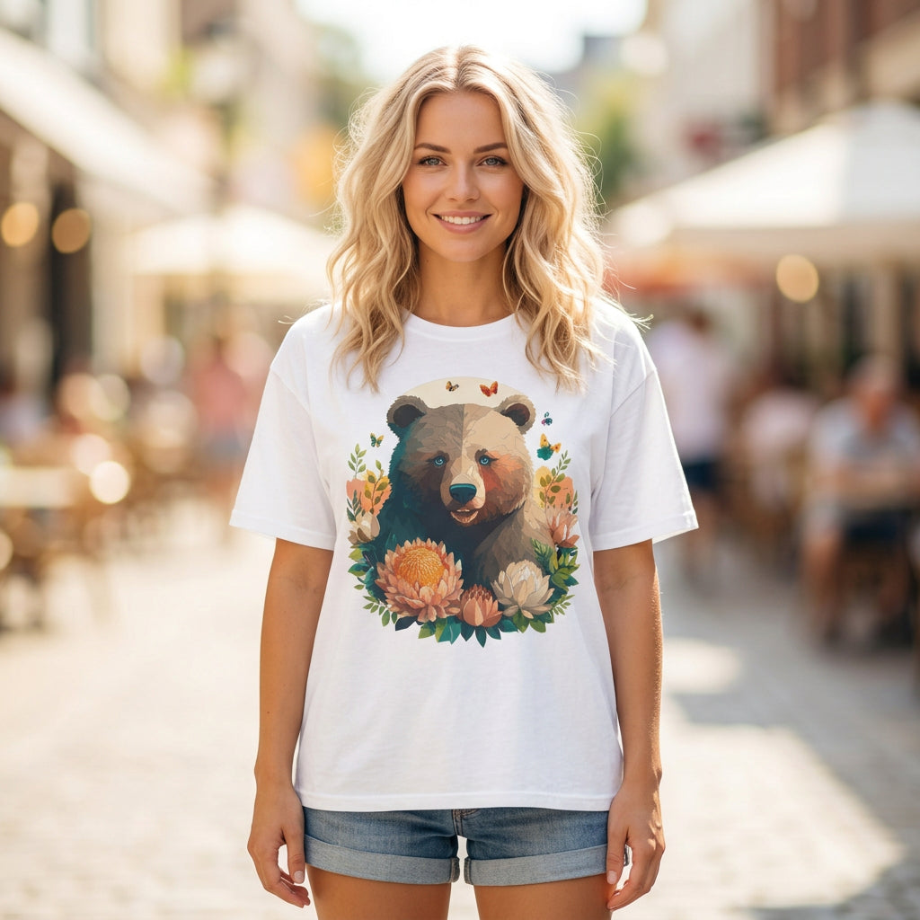 Floral Bear with Butterflies T-Shirt | Woodland Animal Graphic Tee Unisex 100 Cotton Gildan T-Shirt