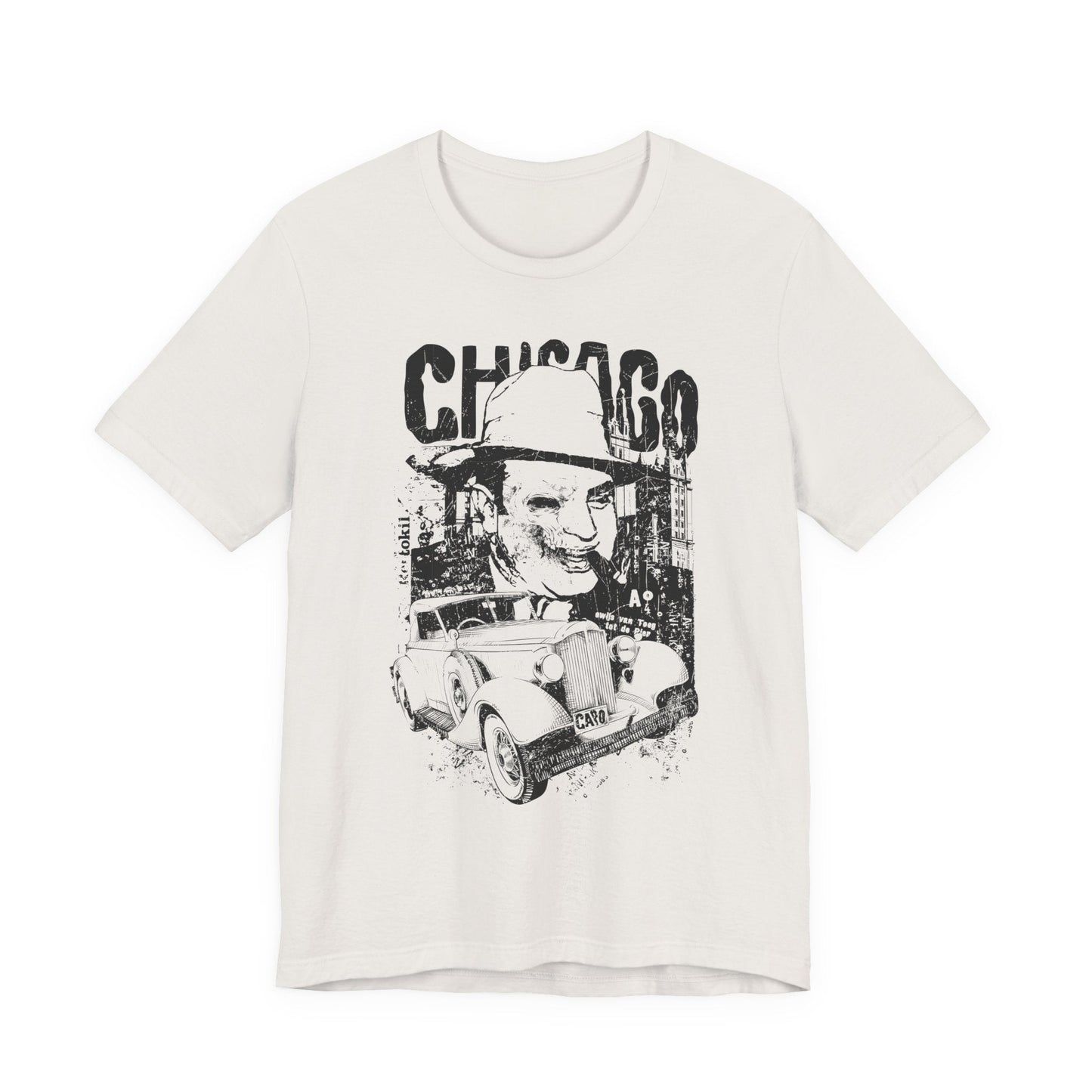 Chicago Retro Mobster Illustration Tee Vintage Car Cityscape Art Design T-Shirt A-8
