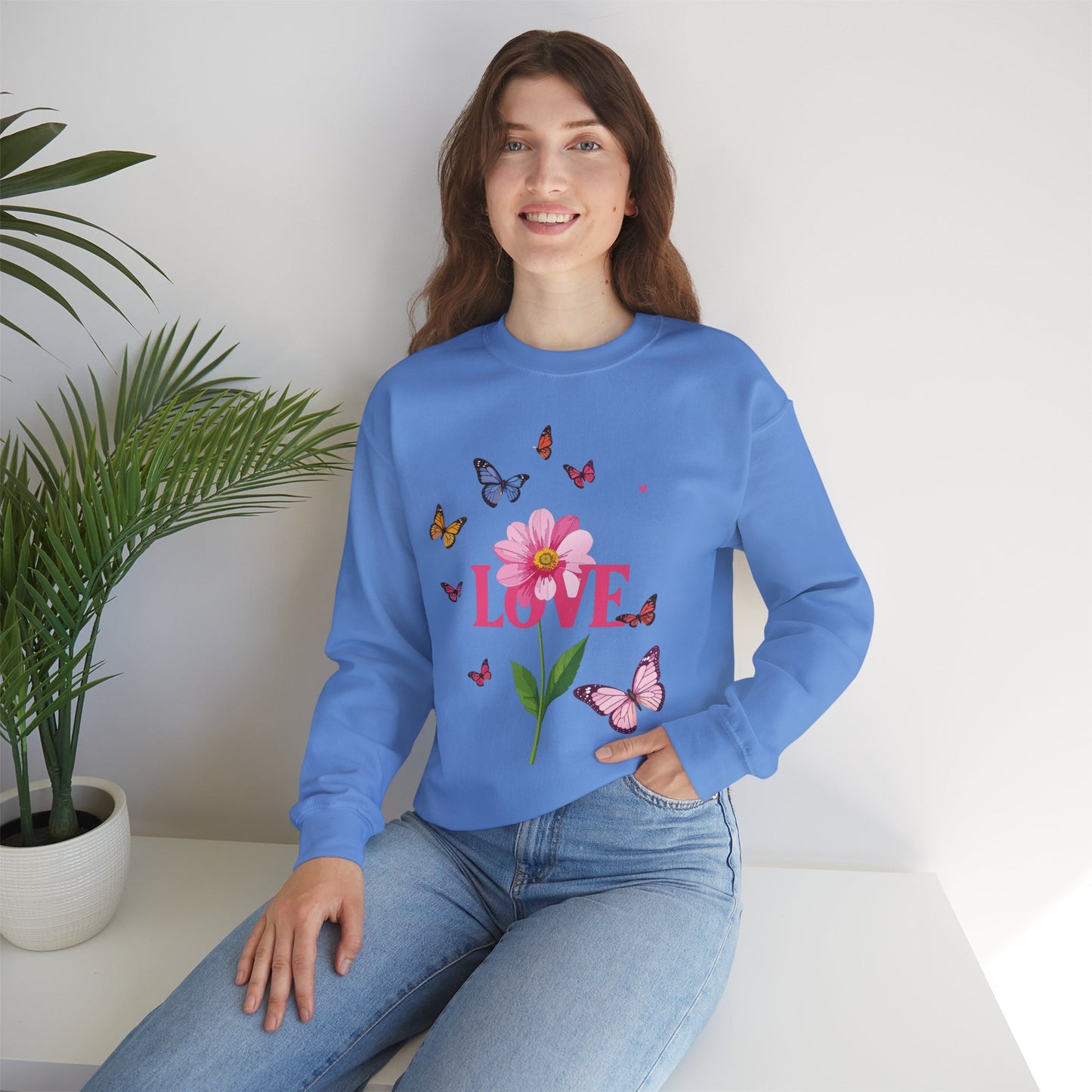 Unisex Floral Love Sweatshirt, Love Floral Sweatshirt, Floral Butterfly Sweatshirt, 50/50 Cotton-Poly Valentine's Day Sweatshirt 01