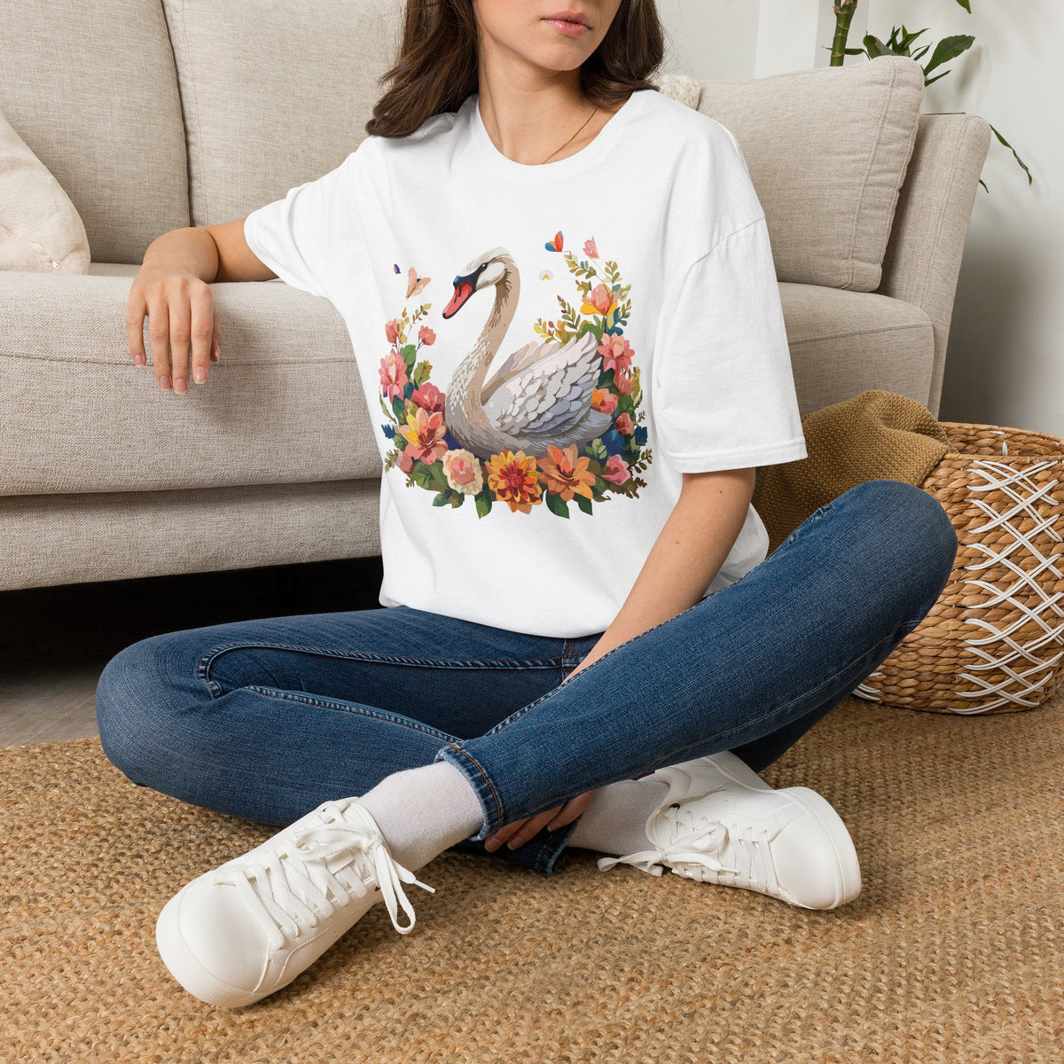 Floral Swan T-Shirt | Swan Illustration Tee, Floral Bird Shirt