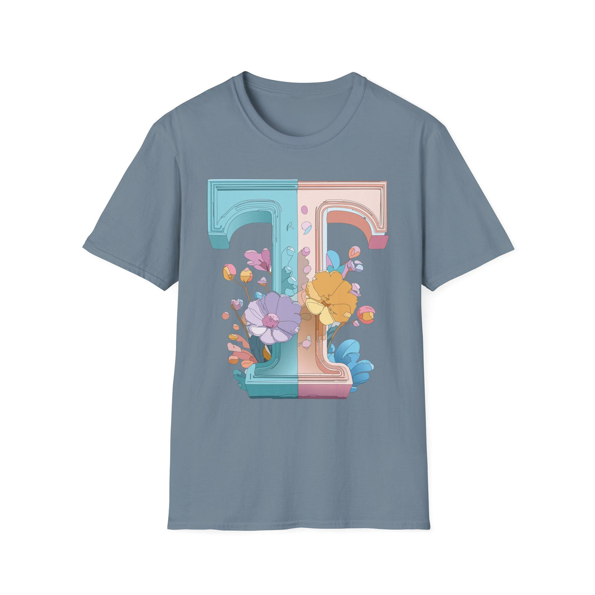 Floral Split Letter T-Shirt T Pastel Floral Initial Tee