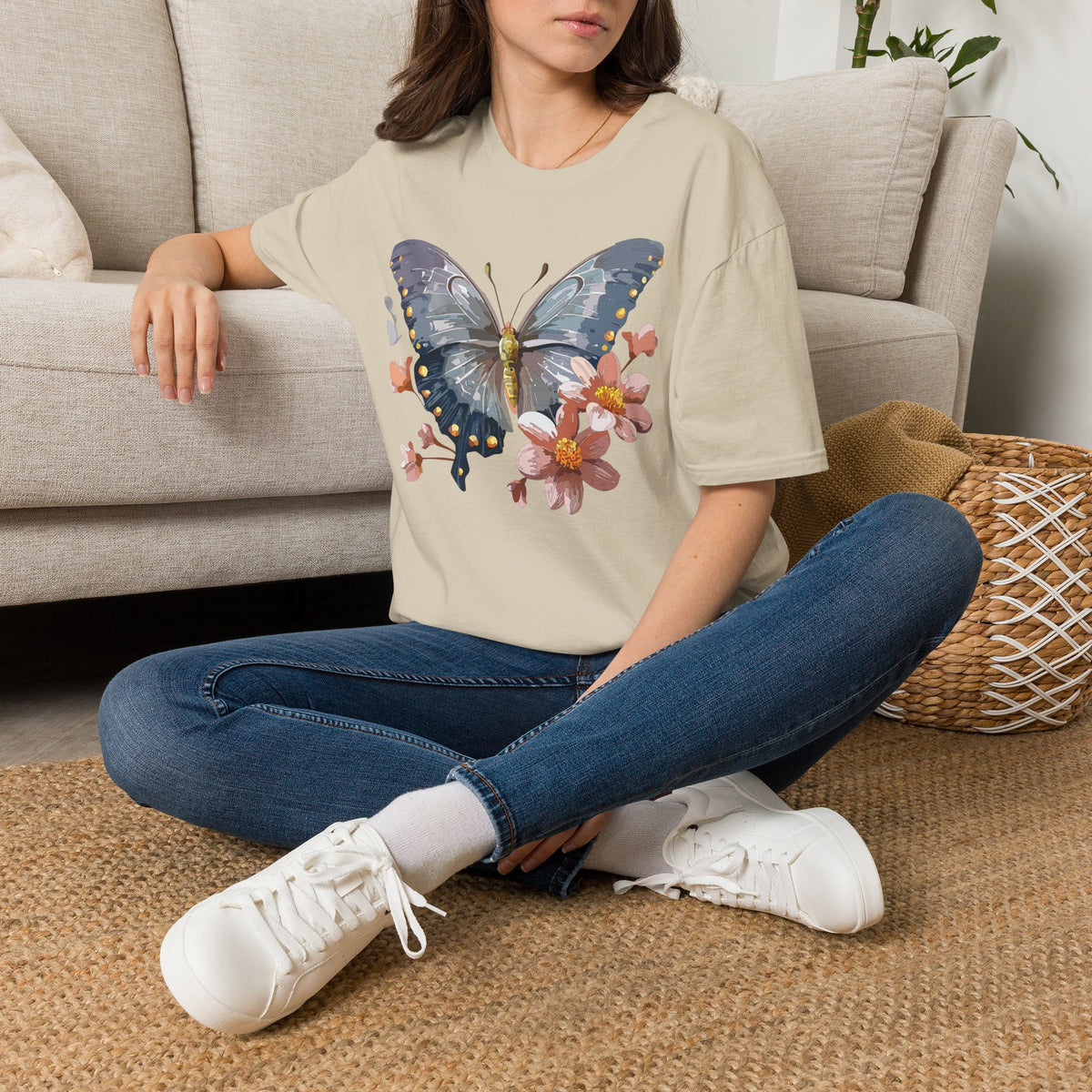 Butterfly and Floral Botanical Graphic Design Unisex 100 Cotton Gildan T-Shirt