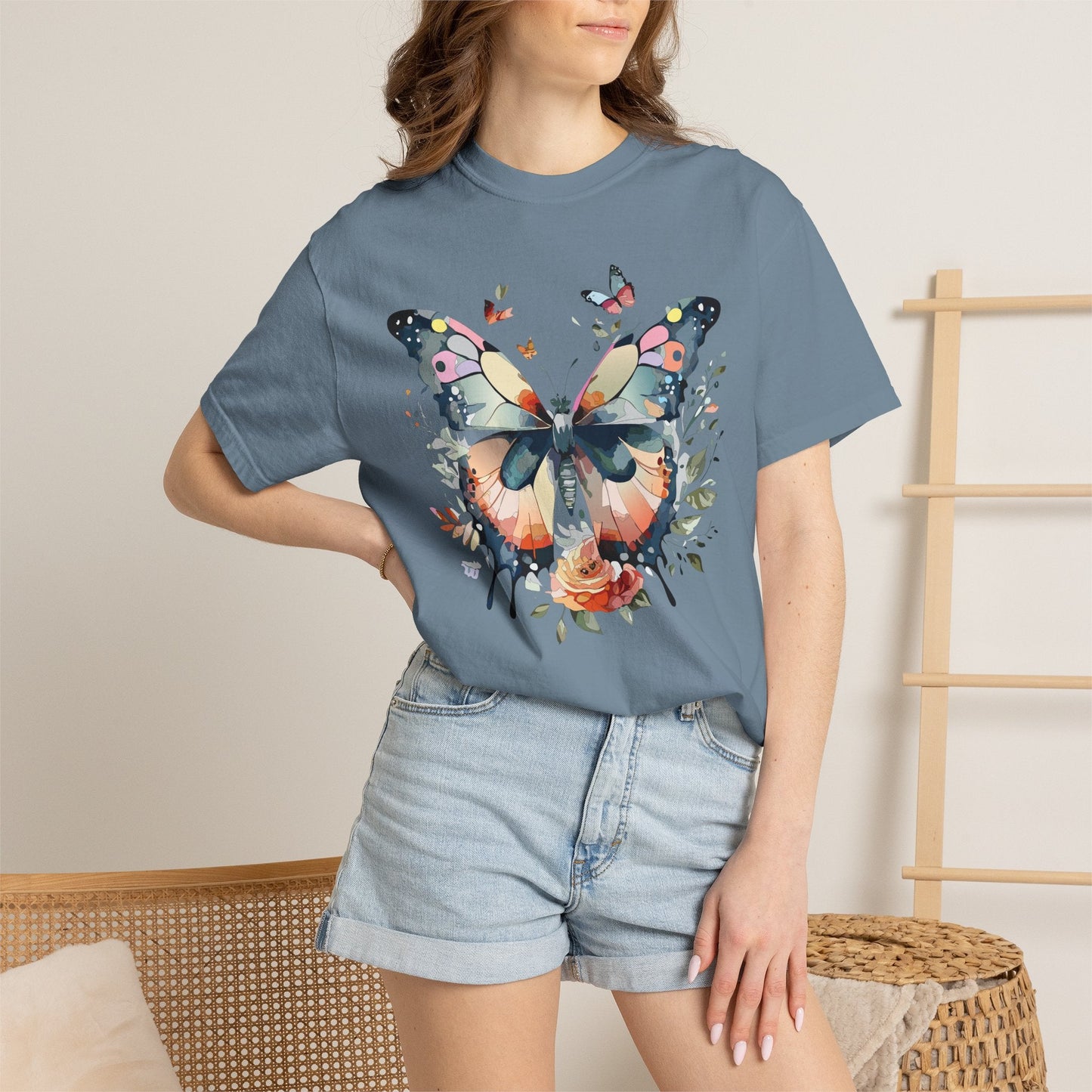 Butterfly Floral Print T-Shirt Botanical Design Unisex Heavy Cotton Tee b3
