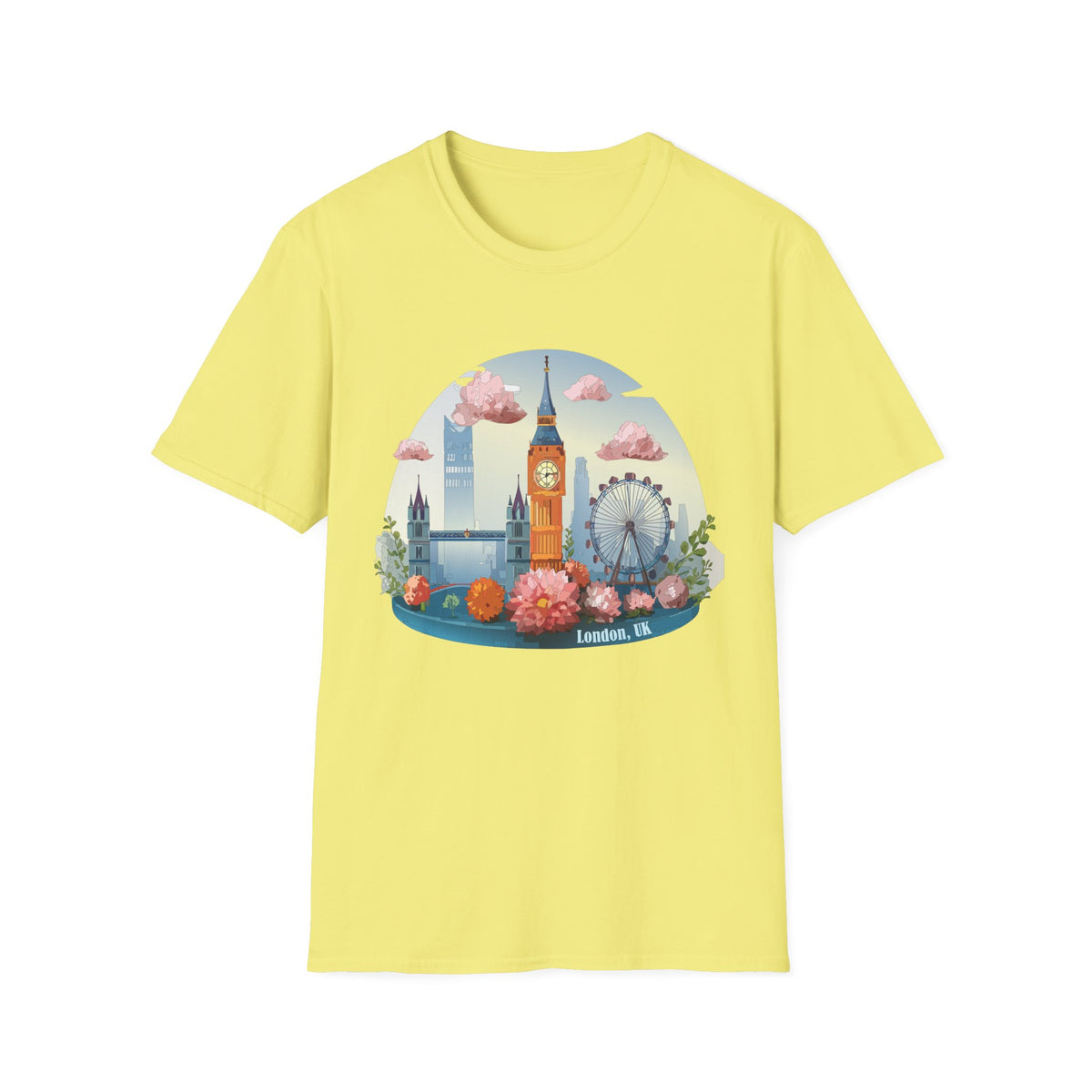 Whimsical London Skyline T-Shirt | Big Ben, London Eye, pastel clouds