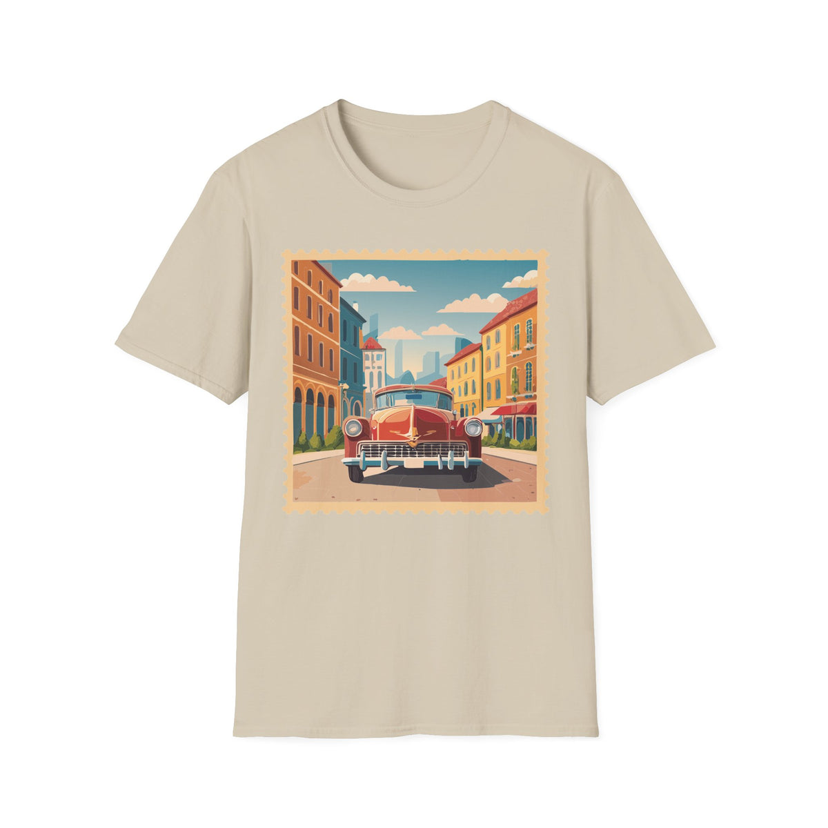 Vintage Cityscape Stamp T-Shirt | Retro Car Street Graphic Tee Unisex 100 Cotton Gildan T-Shirt