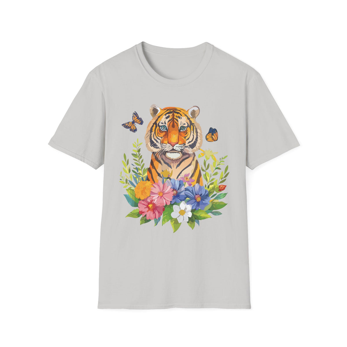 Tiger Portrait T-Shirt | Watercolor Tiger with Butterflies and Floral Accents