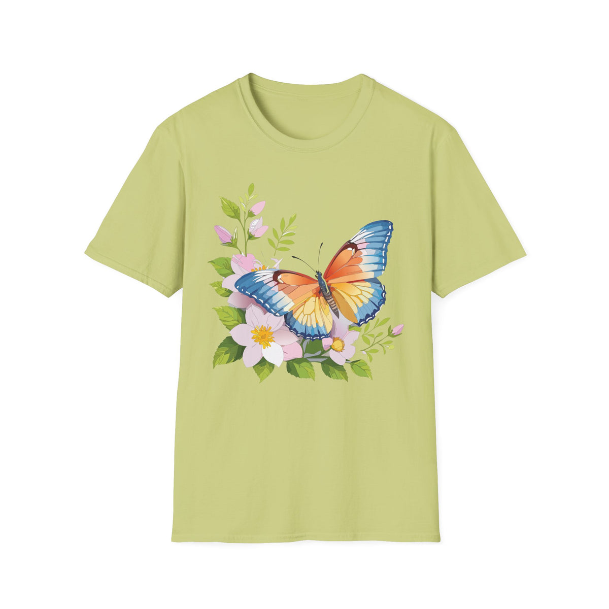 Butterfly Floral T-Shirt — Watercolor Orange & Blue Butterfly on Blossoms Graphic Design Unisex 100 Cotton Gildan T-Shirt