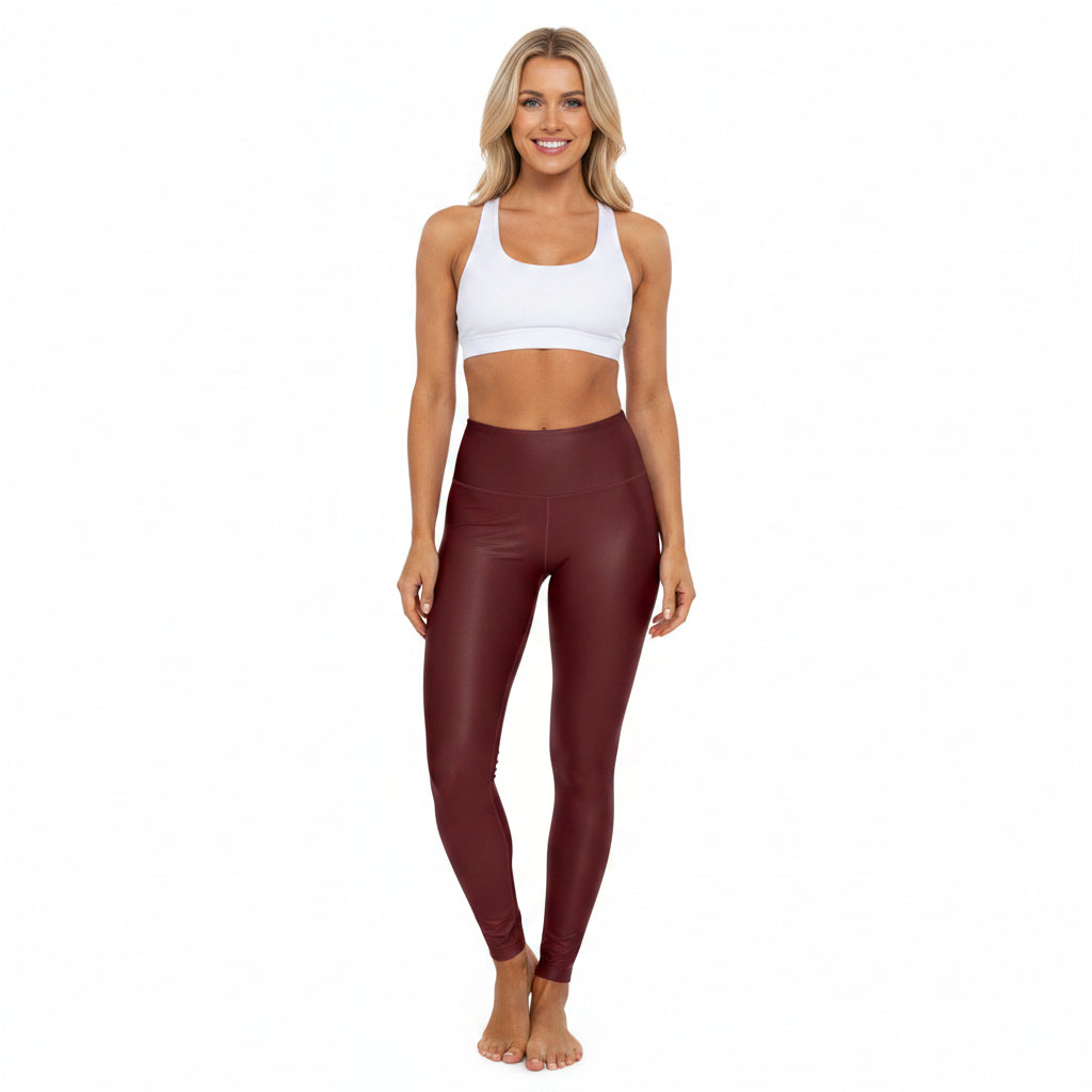 Black Cherry Red Color High-Waist Yoga Leggings Women's Seamless Poly-Span Stretchy Pants XS-2XL