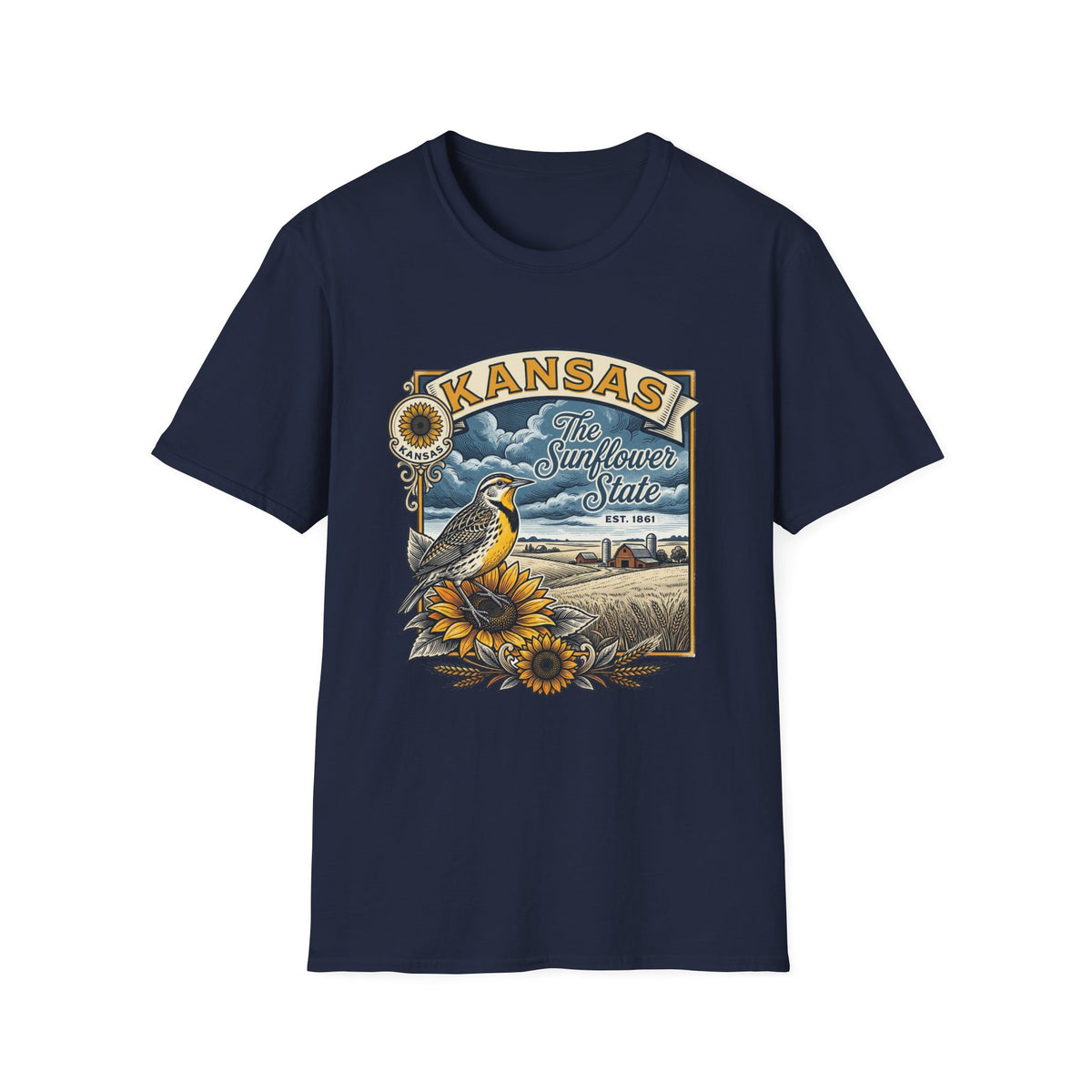 Kansas Sunflower State T-Shirt | Meadow Bird Vintage Travel Tourist Graphic Design Unisex 100 Cotton Gildan T-Shirt