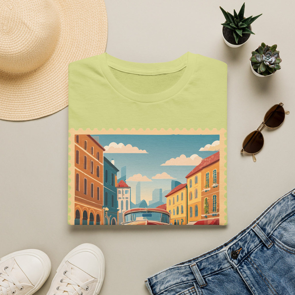 Vintage Cityscape Stamp T-Shirt | Retro Car Street Graphic Tee Unisex 100 Cotton Gildan T-Shirt