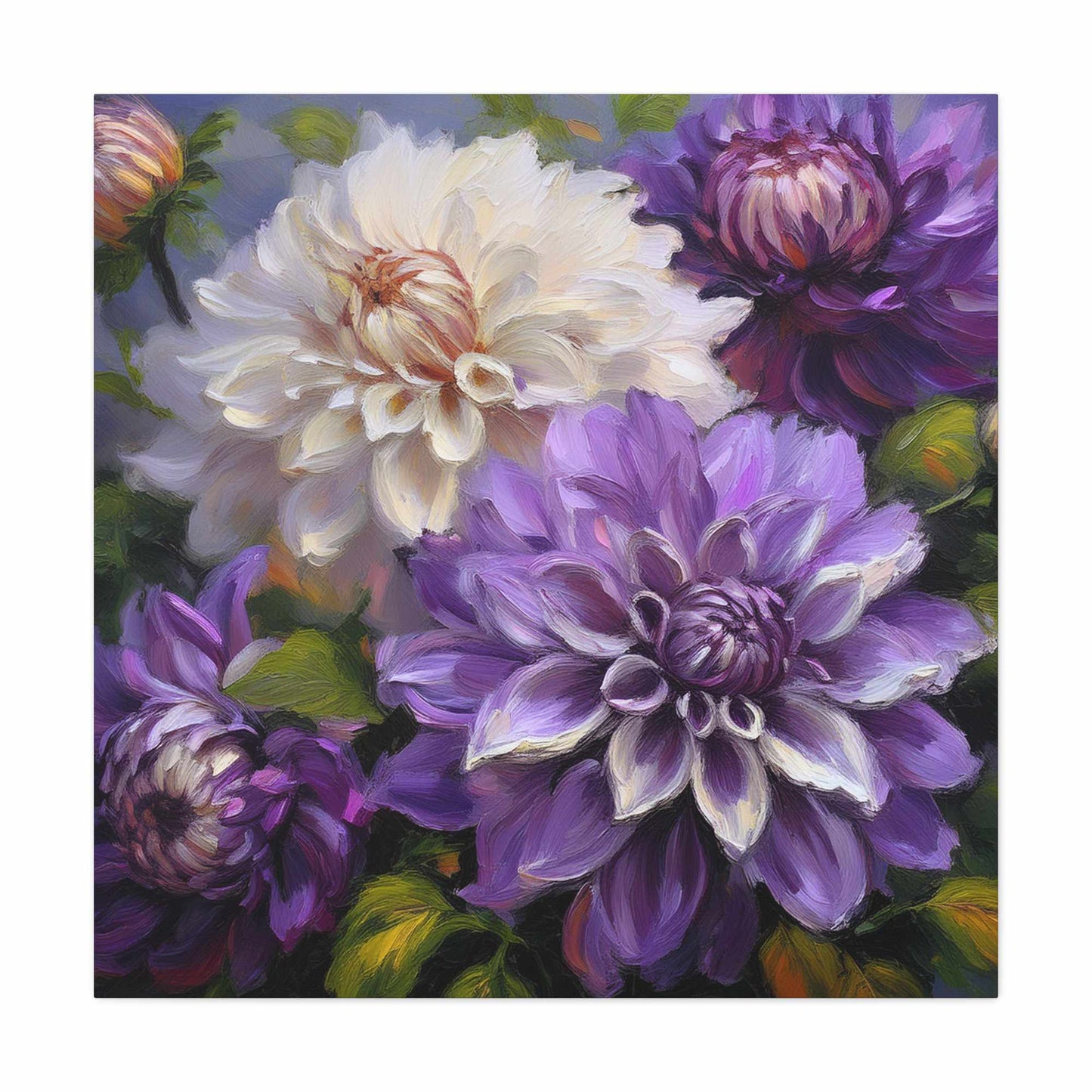 Dahlias Floral Print Canvas, Floral Oil Paint Print 20x20, 24x24, 30x30, 32x32, 36x36 Art Design Pine-Wood Inner Frame MC-172