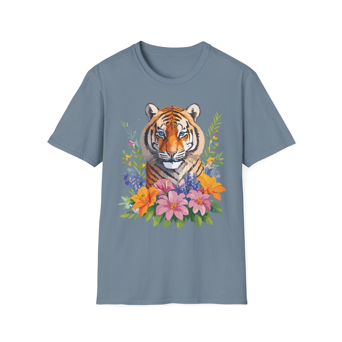 Floral Tiger Illustration T-Shirt | Tiger Face with Flowers