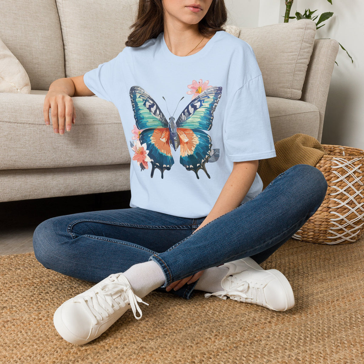 Butterfly Watercolor T-Shirt — Floral Blue Orange Butterfly Graphic Tee Unisex 100 Cotton Gildan T-Shirt