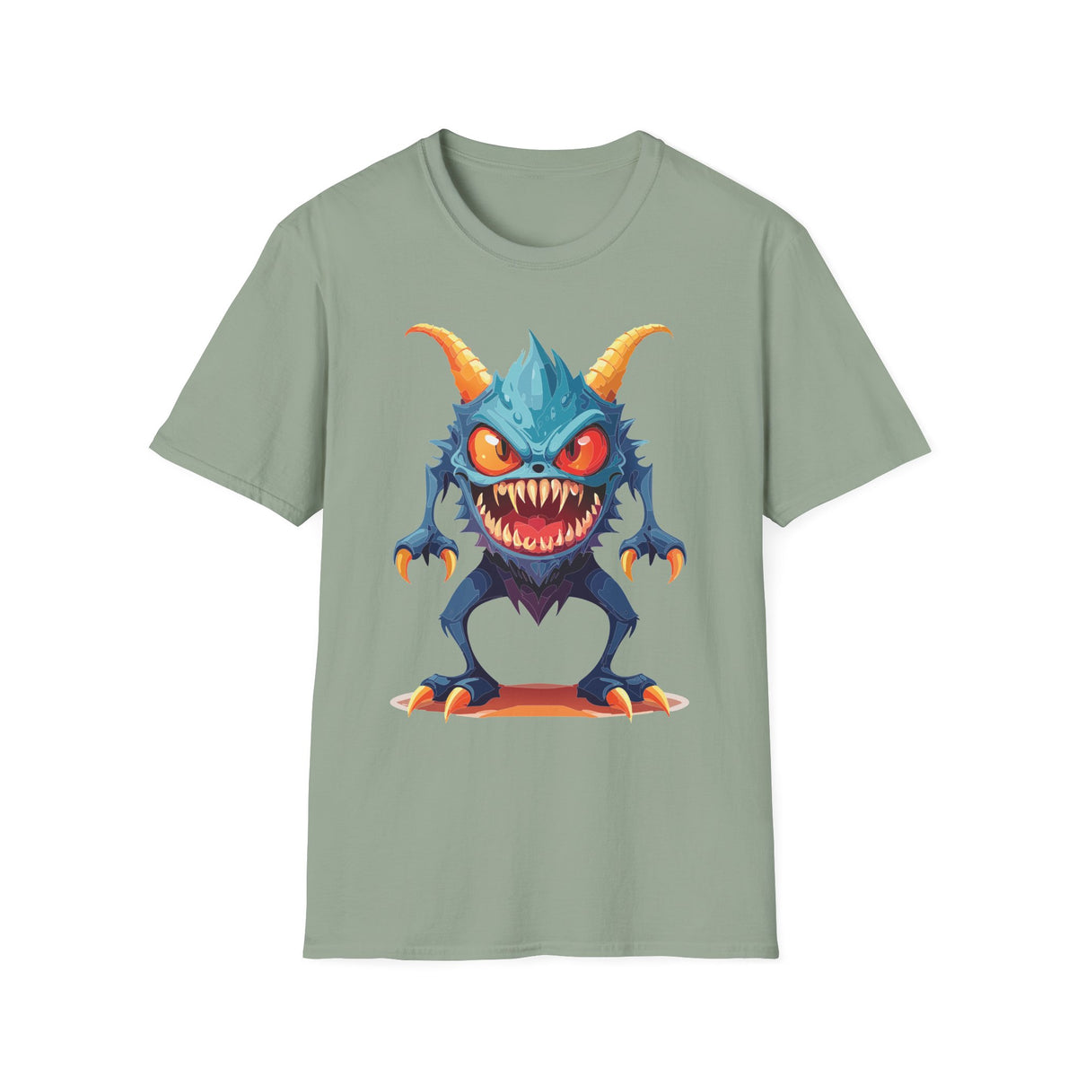 Monster Graphic T-Shirt — Cute Scary Blue Demon Tee for Halloween & Gamer Fans Cartoon Graphic Tee Unisex 100 Cotton Gildan T-Shirt