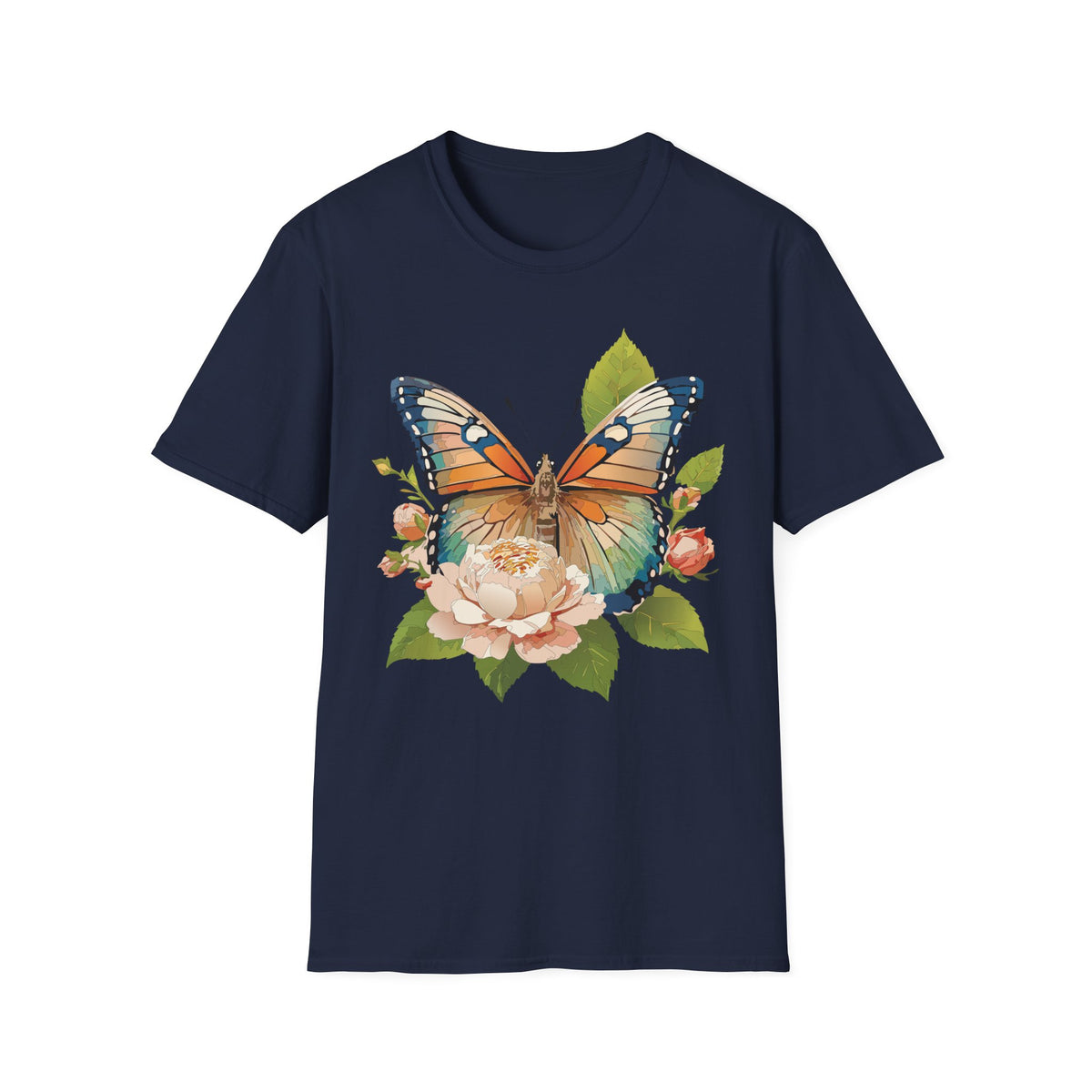 Butterfly Floral T-Shirt — Watercolor Monarch & Roses Graphic Tee Unisex 100 Cotton Gildan T-Shirt