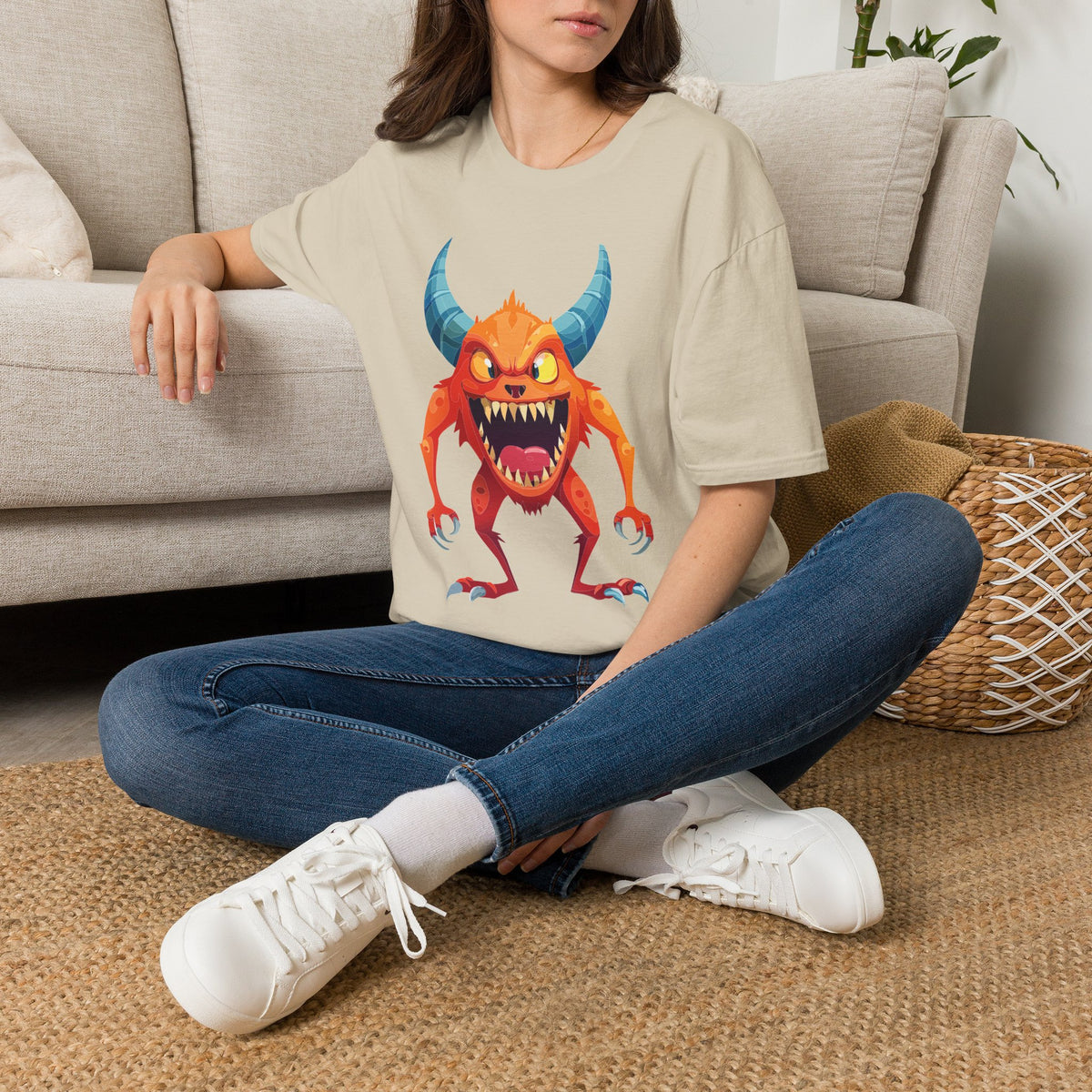 Orange Horned Monster T-Shirt — Cute Scary Cartoon Tee for Kids & Halloween Cartoon Graphic Tee Unisex 100 Cotton Gildan T-Shirt