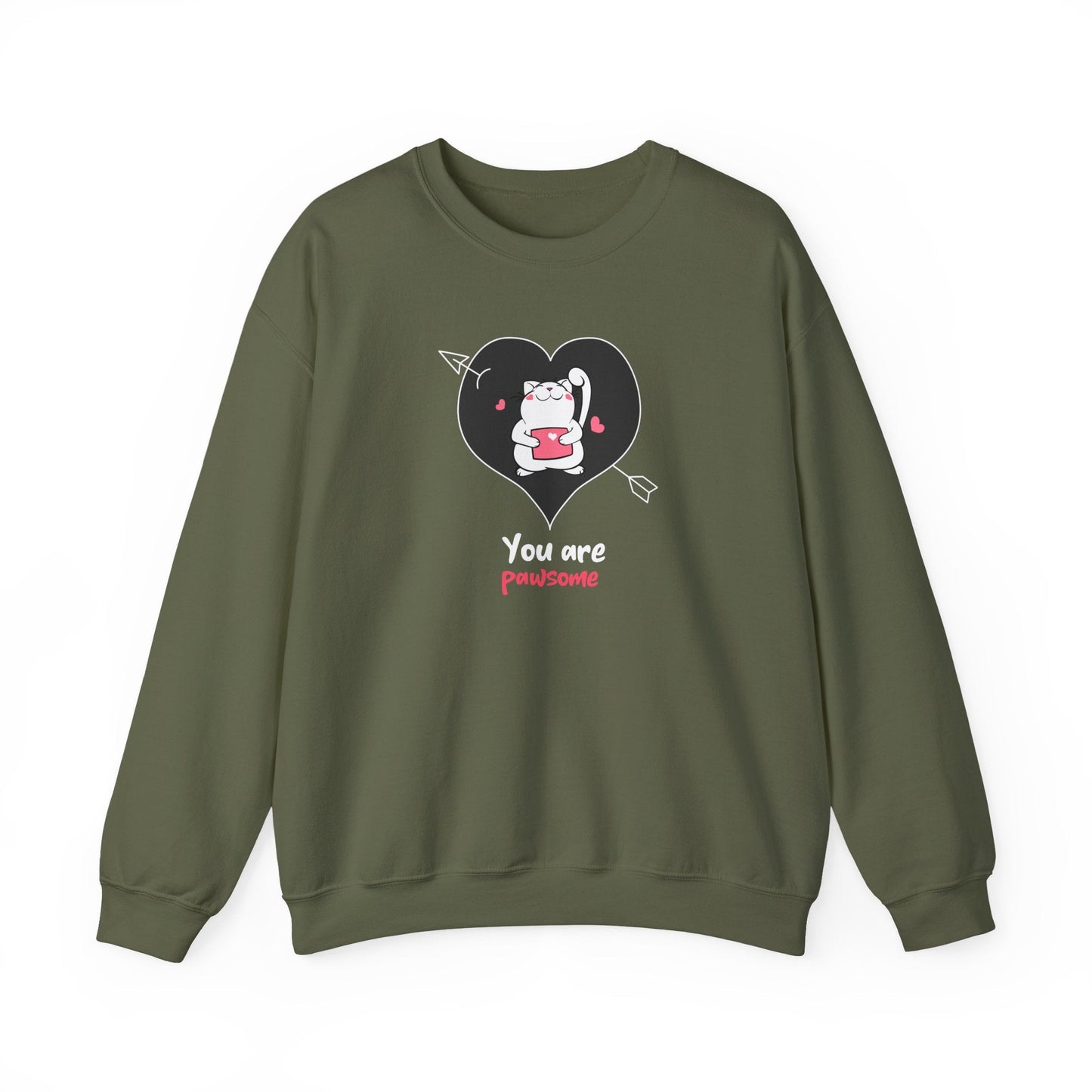 Cat Heart Sweatshirt Unisex Valentines Day Fifty Fifty Cotton Poly Crewneck Gildan 18000