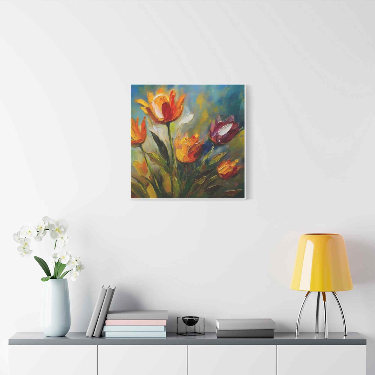 Tulips Print Canvas, Floral Oil Paint Print 20x20, 24x24, 30x30, 32x32, 36x36 Art Design Pine-Wood Inner Frame MC-146
