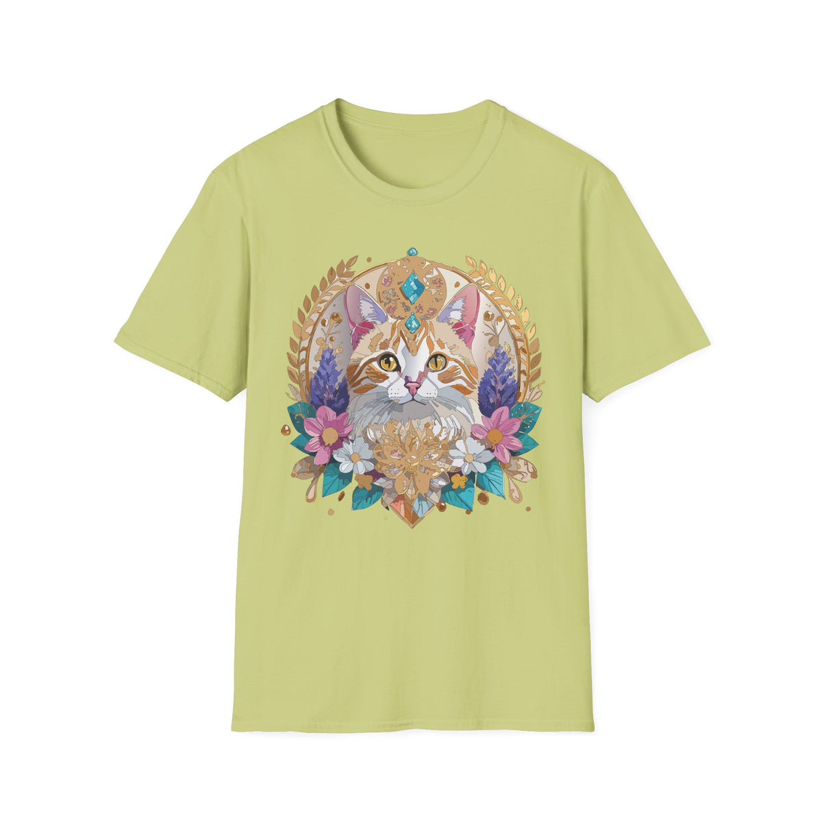 Regal Cat Mandala T-Shirt | Boho Kitty Illustration, Floral Crescent