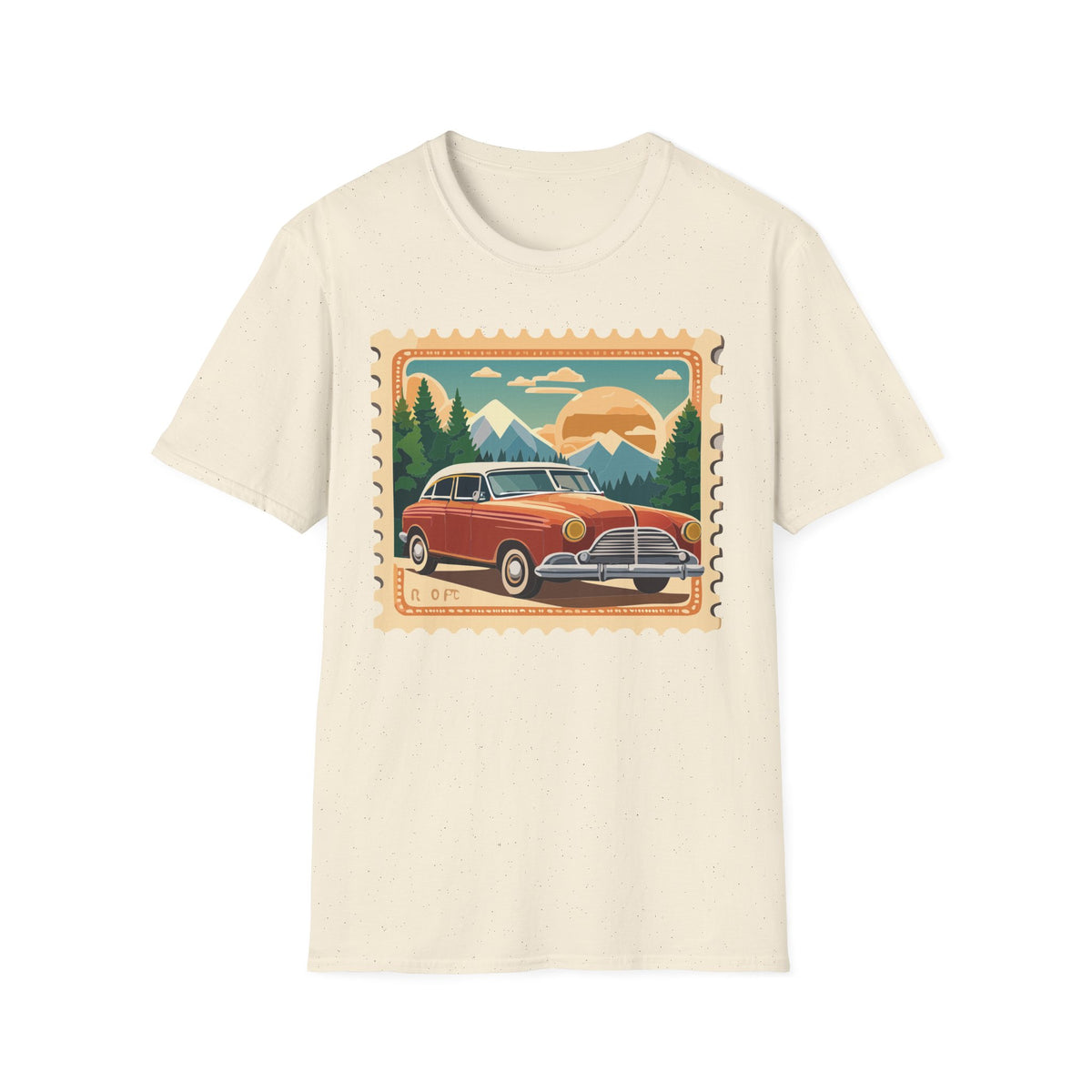 Vintage Road Trip Car T-Shirt | Retro Mountain Sunset Stamp Design