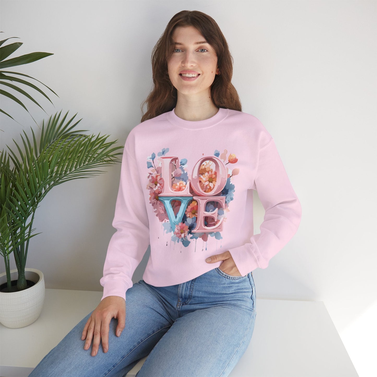 Floral Love Sweatshirt Valentines Day Unisex Heavy Blend Crewneck Gildan 18000 Cotton Polyester