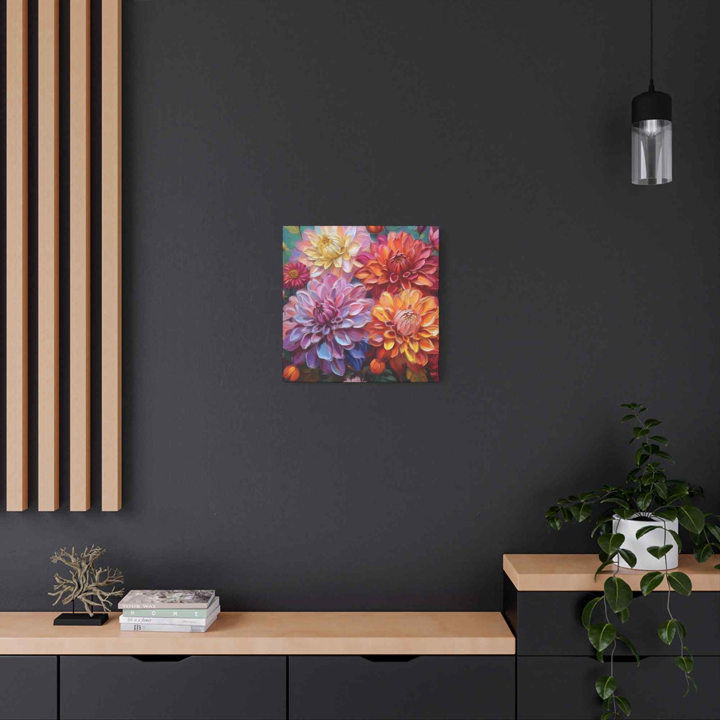 Dahlias Floral Print Canvas, Floral Oil Paint Print 20x20, 24x24, 30x30, 32x32, 36x36 Art Design Pine-Wood Inner Frame MC-167