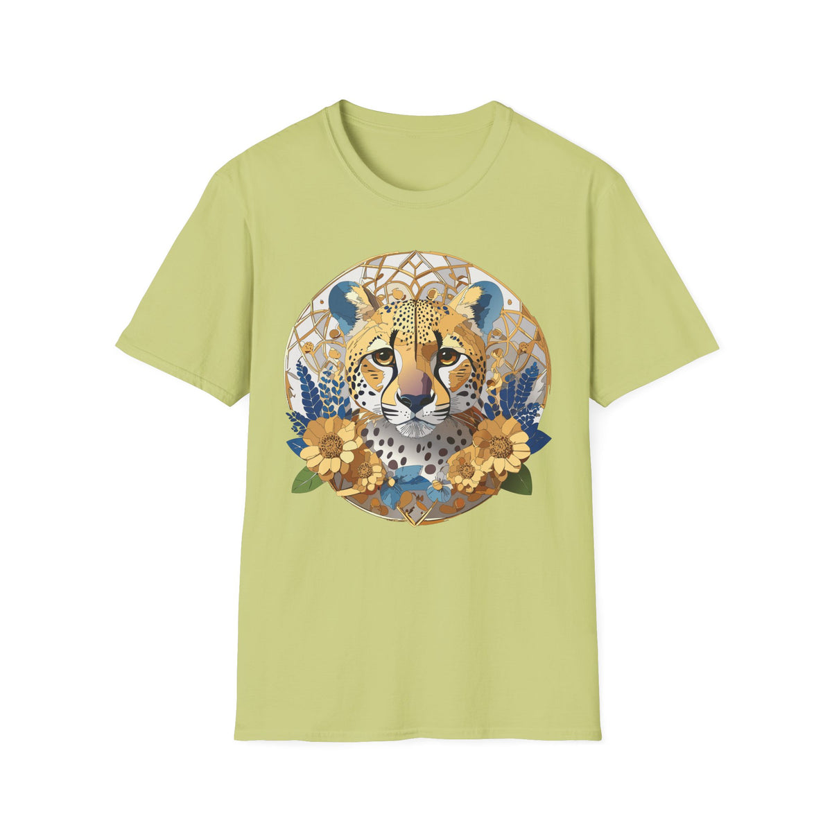 Golden Cheetah Mandala T-Shirt | Floral Boho Animal Illustration
