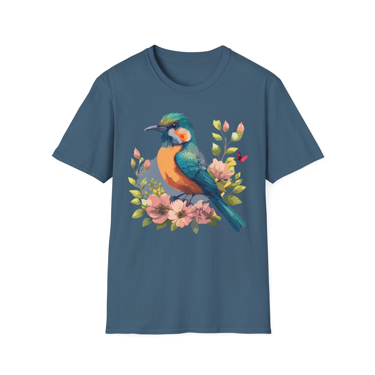 Bird Floral T-Shirt Colorful Watercolor Songbird Tee Unisex Cotton Short Sleeves Tee Shirt with Bird 10