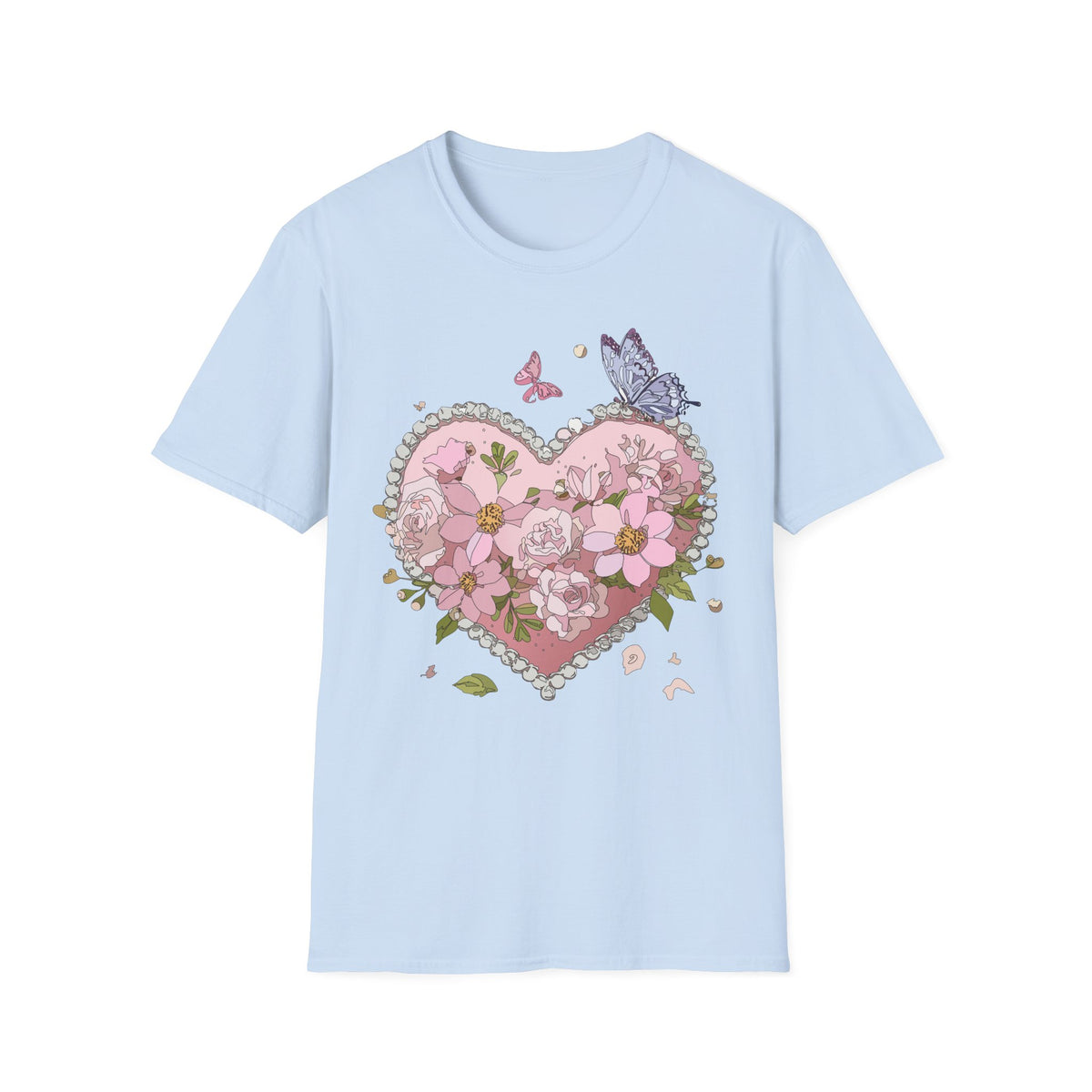 Floral Heart with Butterflies T-Shirt | Pink Flower Heart Graphic Tee Unisex 100 Cotton Gildan T-Shirt