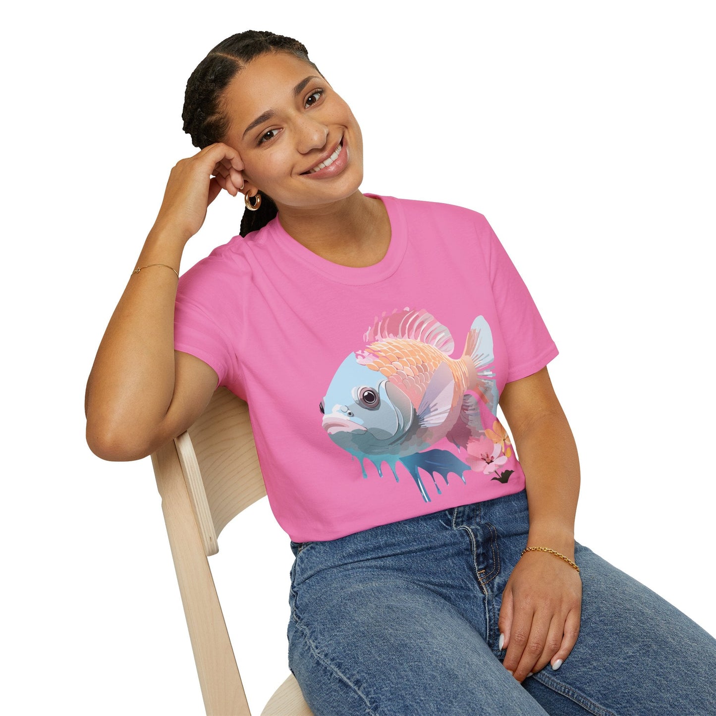 Fish Art Design Shirt Unisex Graphic Tee 100 Percent Ring Spun Cotton Softstyle Gildan 64000