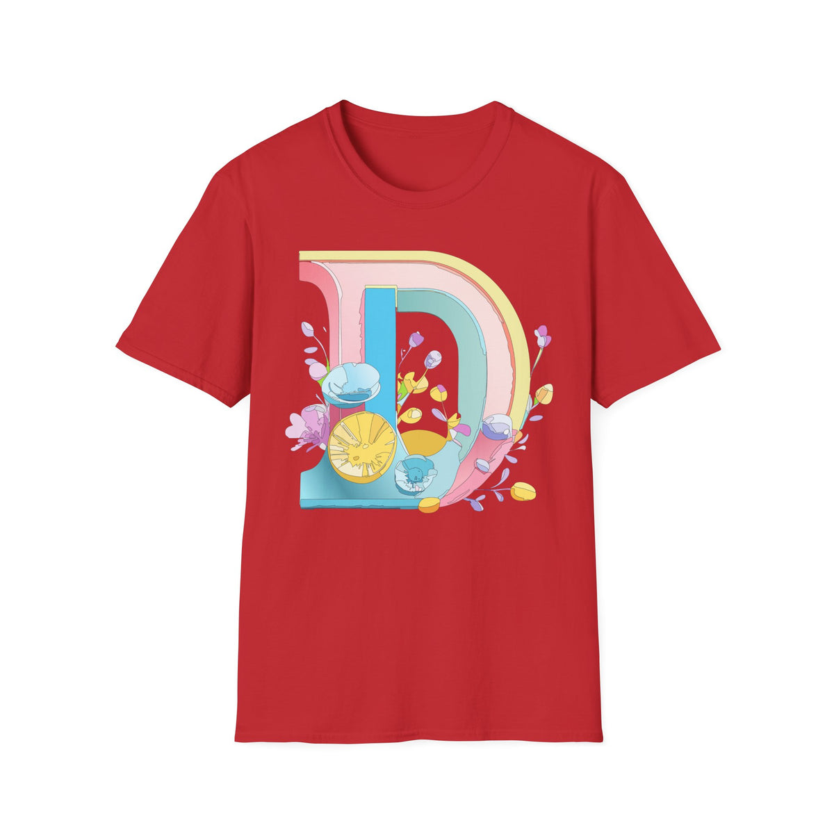 Retro Rainbow Letter D T-Shirt | Floral Lemon Initial Graphic