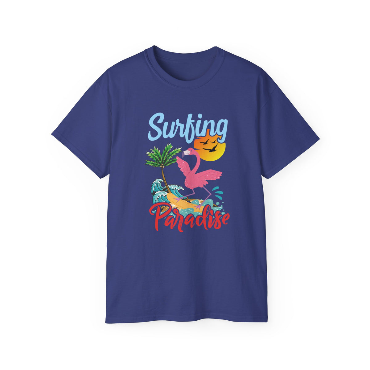 Surfing Paradise Flamingo Tee | Tropical Palm Sunset Surfboard