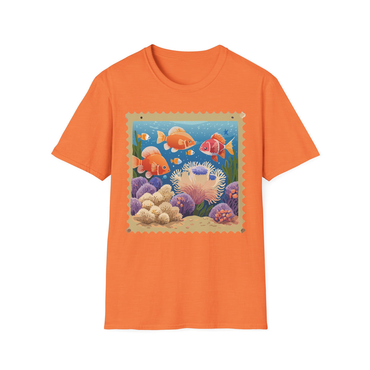 Goldfish Aquarium Illustration T-Shirt | Underwater Coral Reef Stamp Graphic Tee Unisex 100 Cotton Gildan T-Shirt
