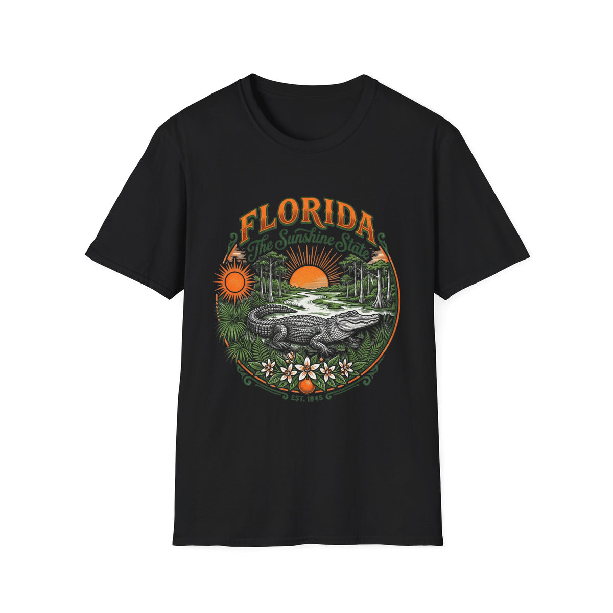 Florida The Sunshine State T-Shirt — Vintage Alligator Sunset Travel Tourist Graphic Design Unisex 100 Cotton Gildan T-Shirt