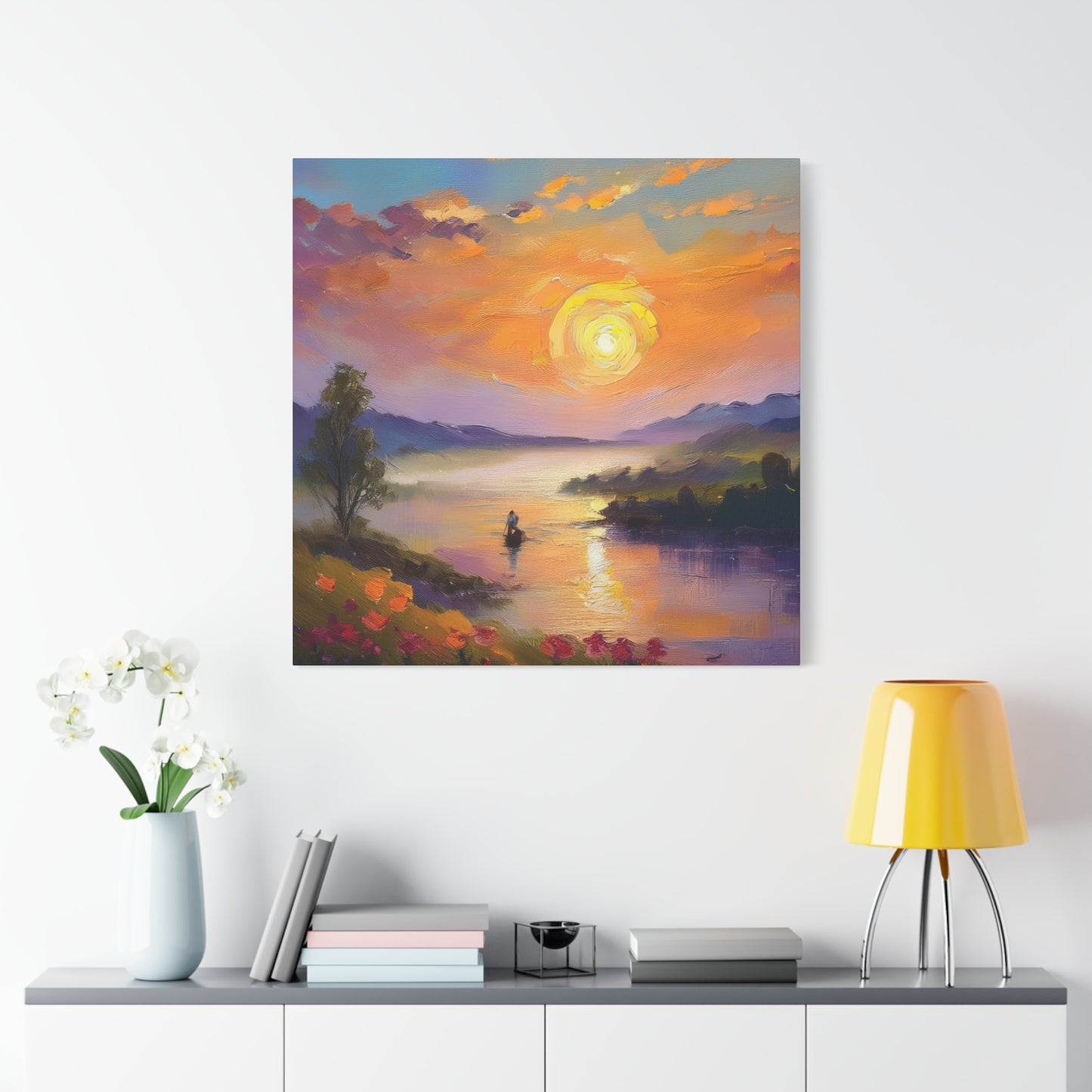 Sunrise Print Canvas, Oil Paint Print 20x20, 24x24, 30x30, 32x32, 36x36 Art Design Print Pine-Wood Inner Frame MC-42