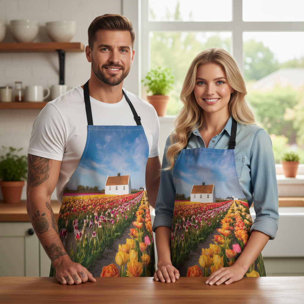 Tulip Field Cottage Apron — Floral Kitchen Apron with Colorful Spring Tulips Stain-Resistant - Art Print Canvas Apron