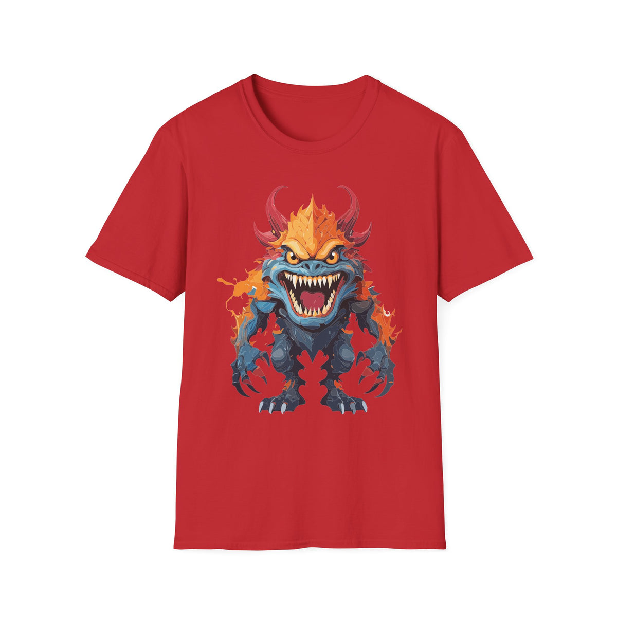 Monster T-Shirt — Fiery Demon Creature Cartoon Graphic Tee Unisex 100 Cotton Gildan T-Shirt