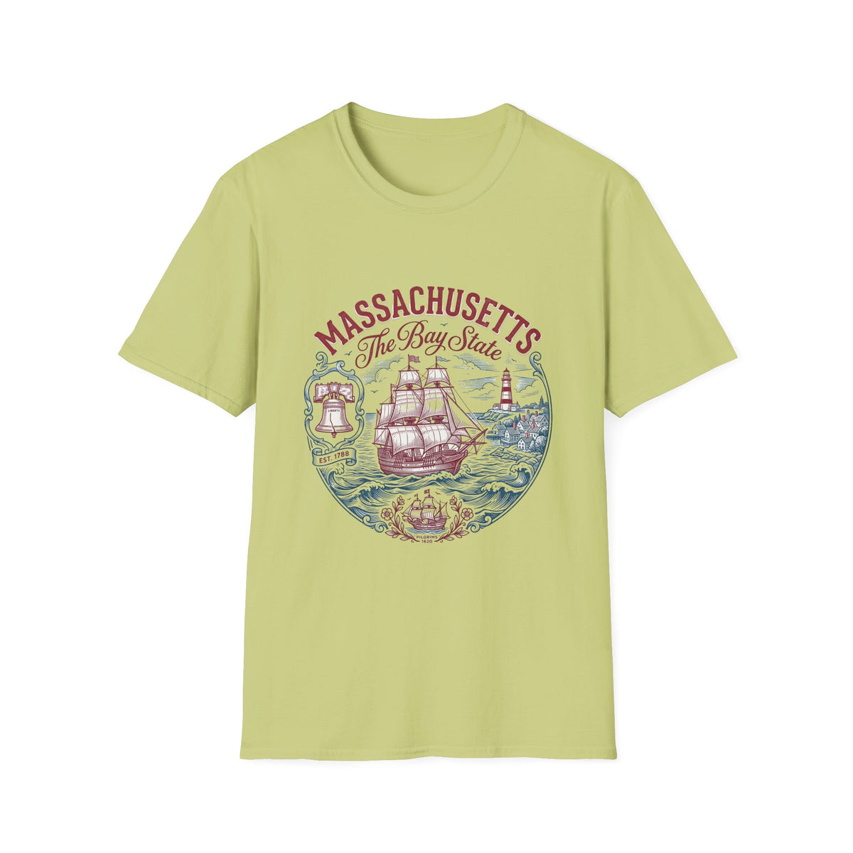 Massachusetts The Bay State T-Shirt – Vintage Nautical Ship Lighthouse Travel Tourist Graphic Design Unisex 100 Cotton Gildan T-Shirt