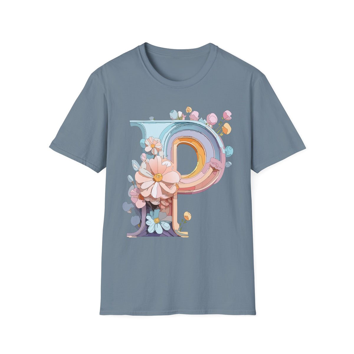 Floral Letter P T-Shirt | Pastel Rainbow Monogram Tee