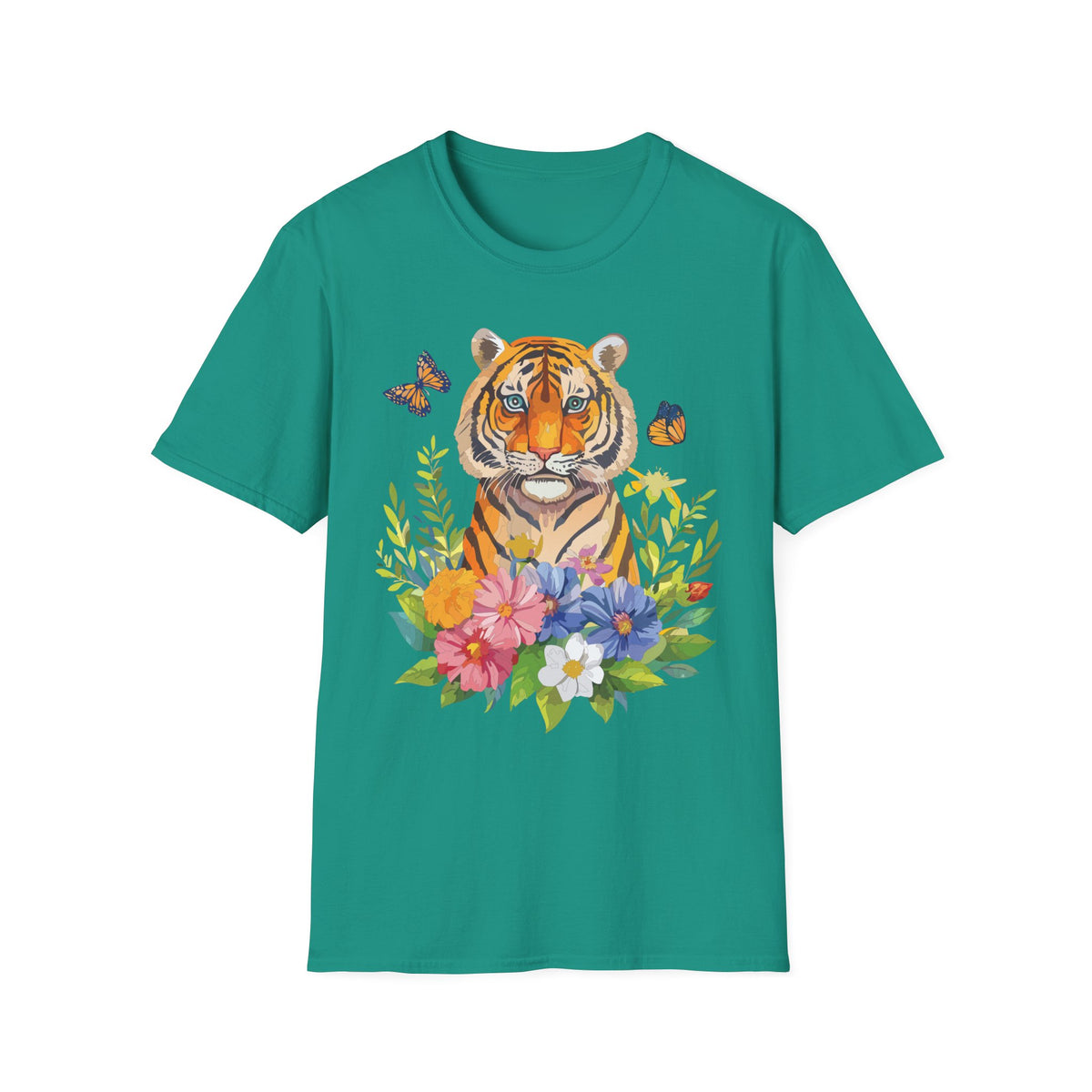 Tiger Portrait T-Shirt | Watercolor Tiger with Butterflies and Floral Accents