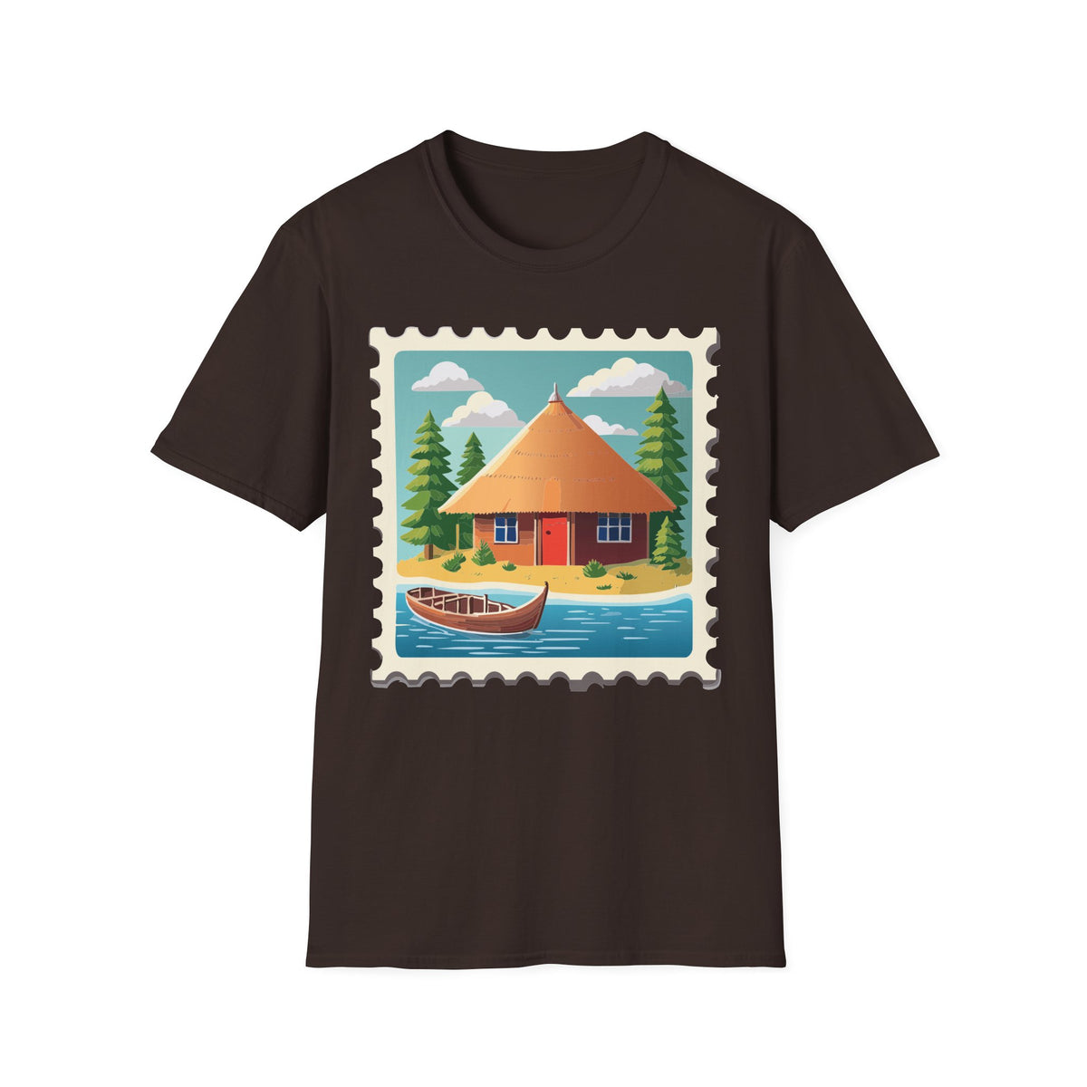 Cozy Lakeside Cottage Illustration T-Shirt | Retro Stamp Artwork