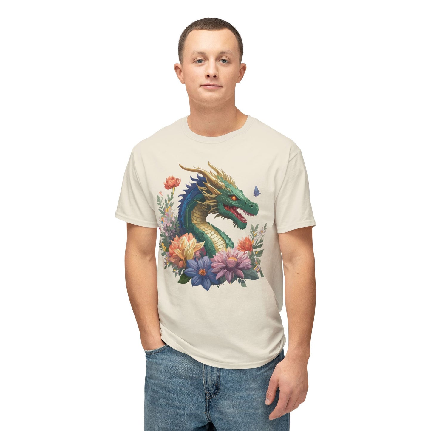 Dragon Art Tee Shirt Unisex Floral Print Cotton Tee USA Made
