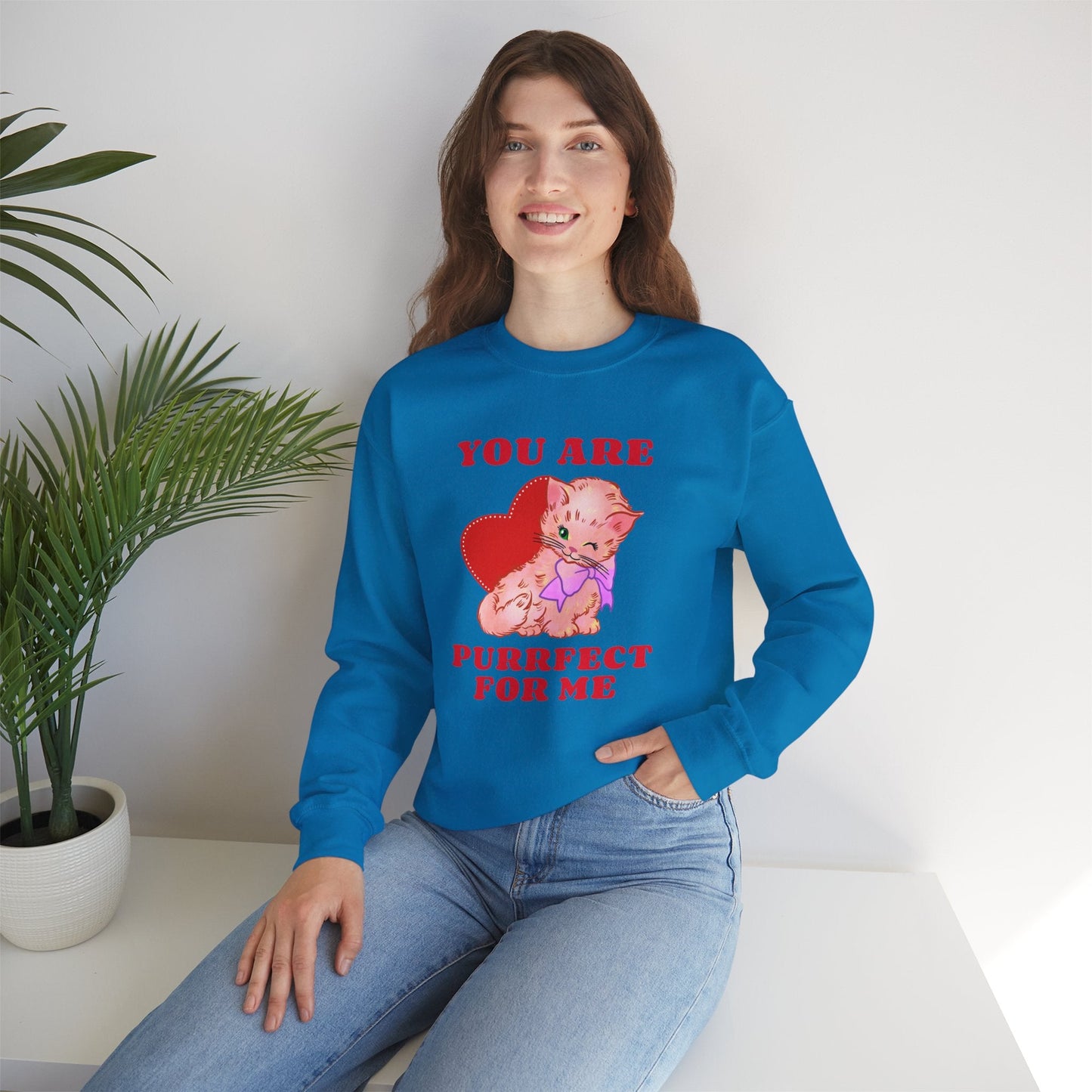 Cat Heart Sweatshirt Unisex Valentines Day Fifty Fifty Cotton Poly Blend Crewneck