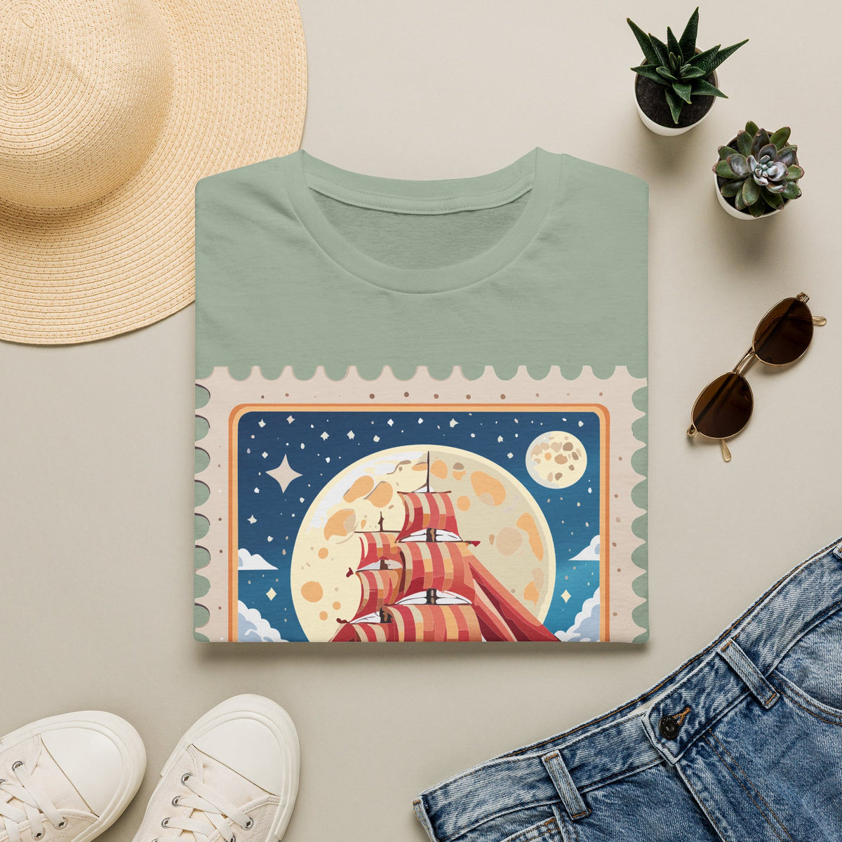 Red Sail Ship Moon Stamp T-Shirt | Nautical Vintage Illustration