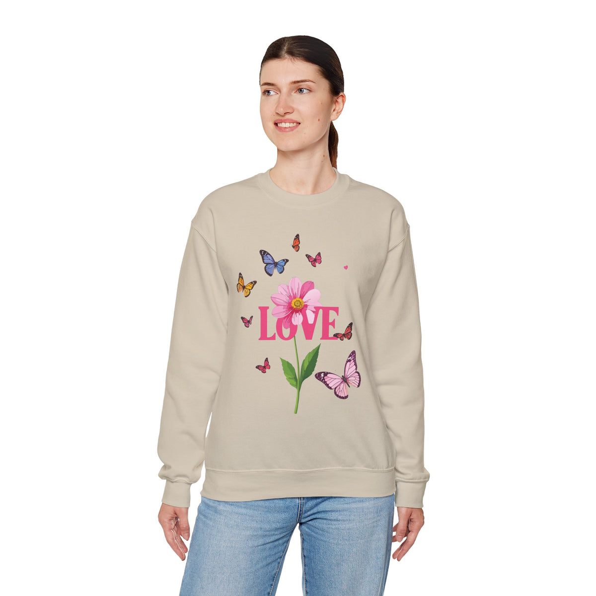 Unisex Floral Love Sweatshirt, Love Floral Sweatshirt, Floral Butterfly Sweatshirt, 50/50 Cotton-Poly Valentine's Day Sweatshirt 01