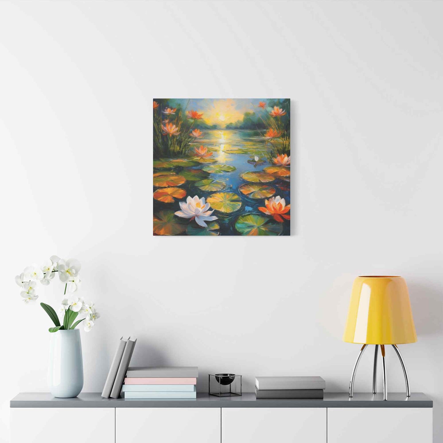 Water Lilies Print Canvas, Oil Paint Print 20x20, 24x24, 30x30, 32x32, 36x36 Art Design Print Pine-Wood Inner Frame MC-63