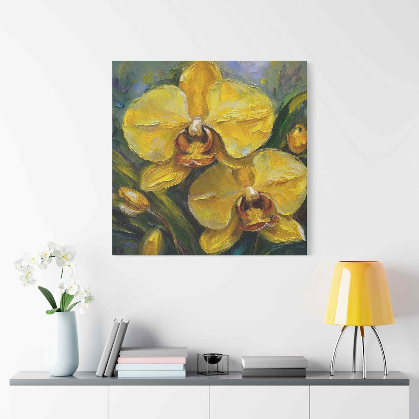 Yellow Orchids Print Canvas, Floral Oil Paint Print 20x20, 24x24, 30x30, 32x32, 36x36 Art Design Pine-Wood Inner Frame MC-140