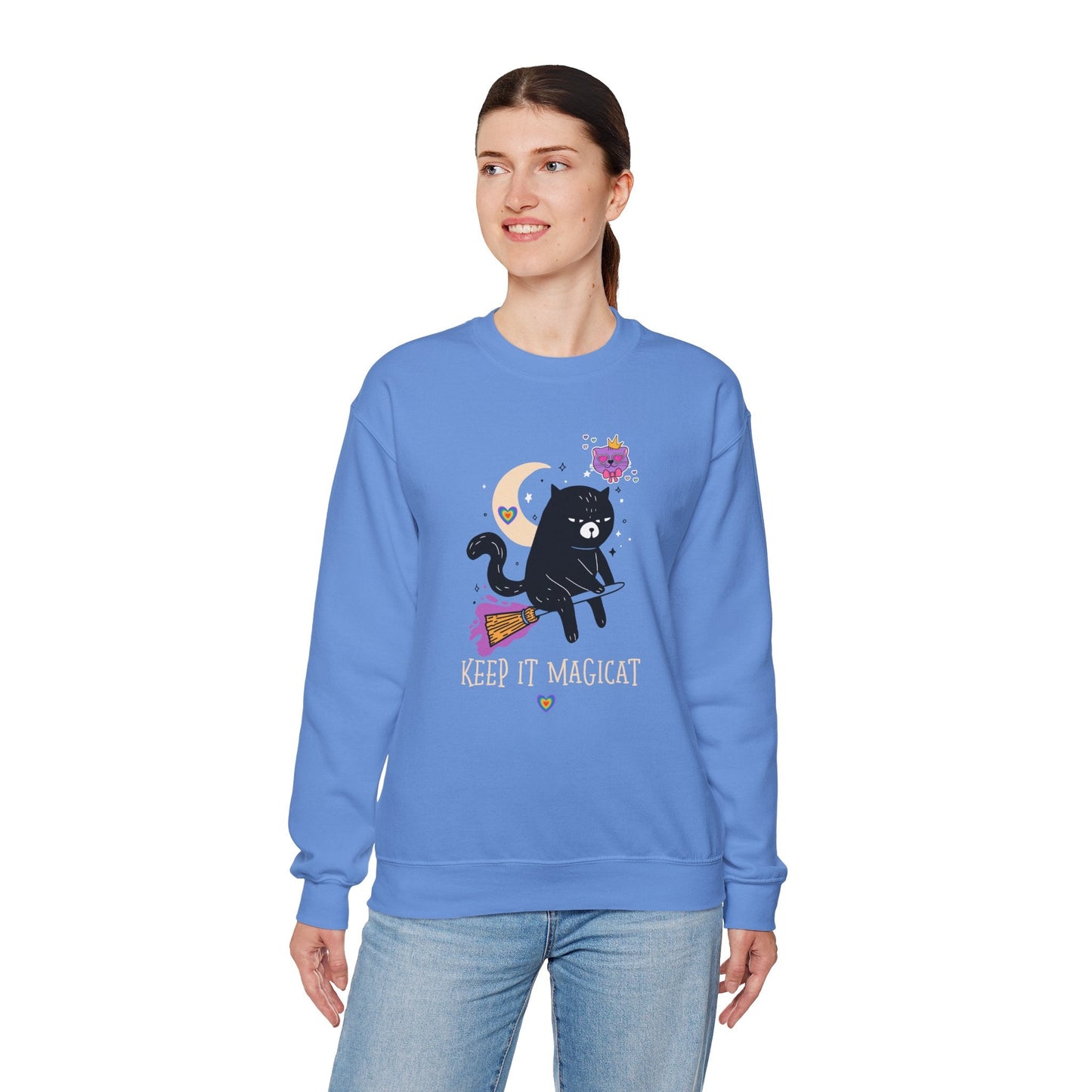 Flying Cat Heart Sweatshirt Unisex Fifty Fifty Cotton Poly Crewneck Gildan 18000 Valentines Day