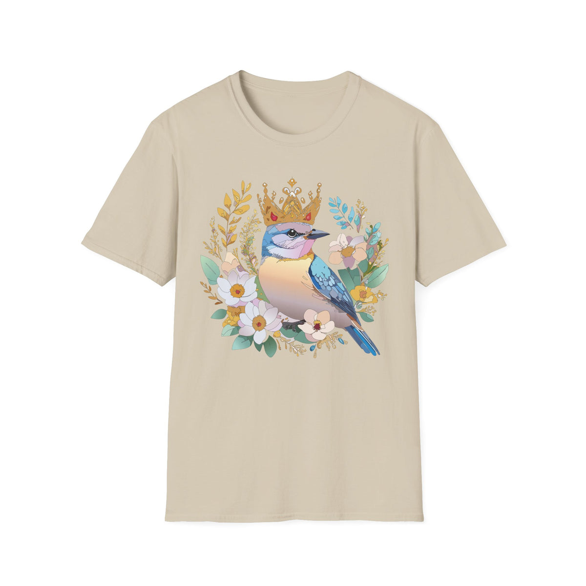 Crowned Bluebird Illustration T-Shirt | Floral Bird Crown Design