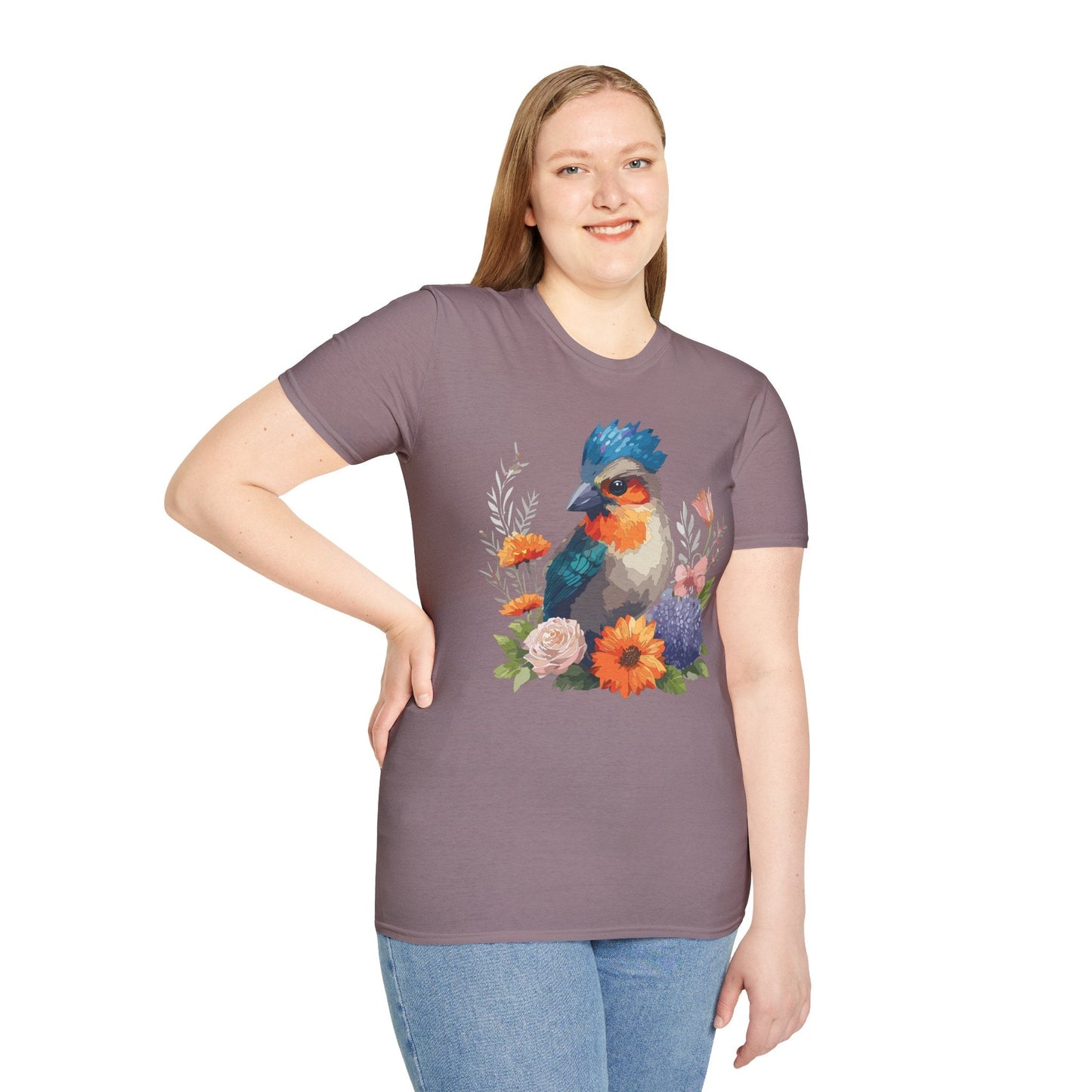 Floral Bird T Shirt Unisex Softstyle Tee 100 Percent Ring Spun Cotton Gildan 64000